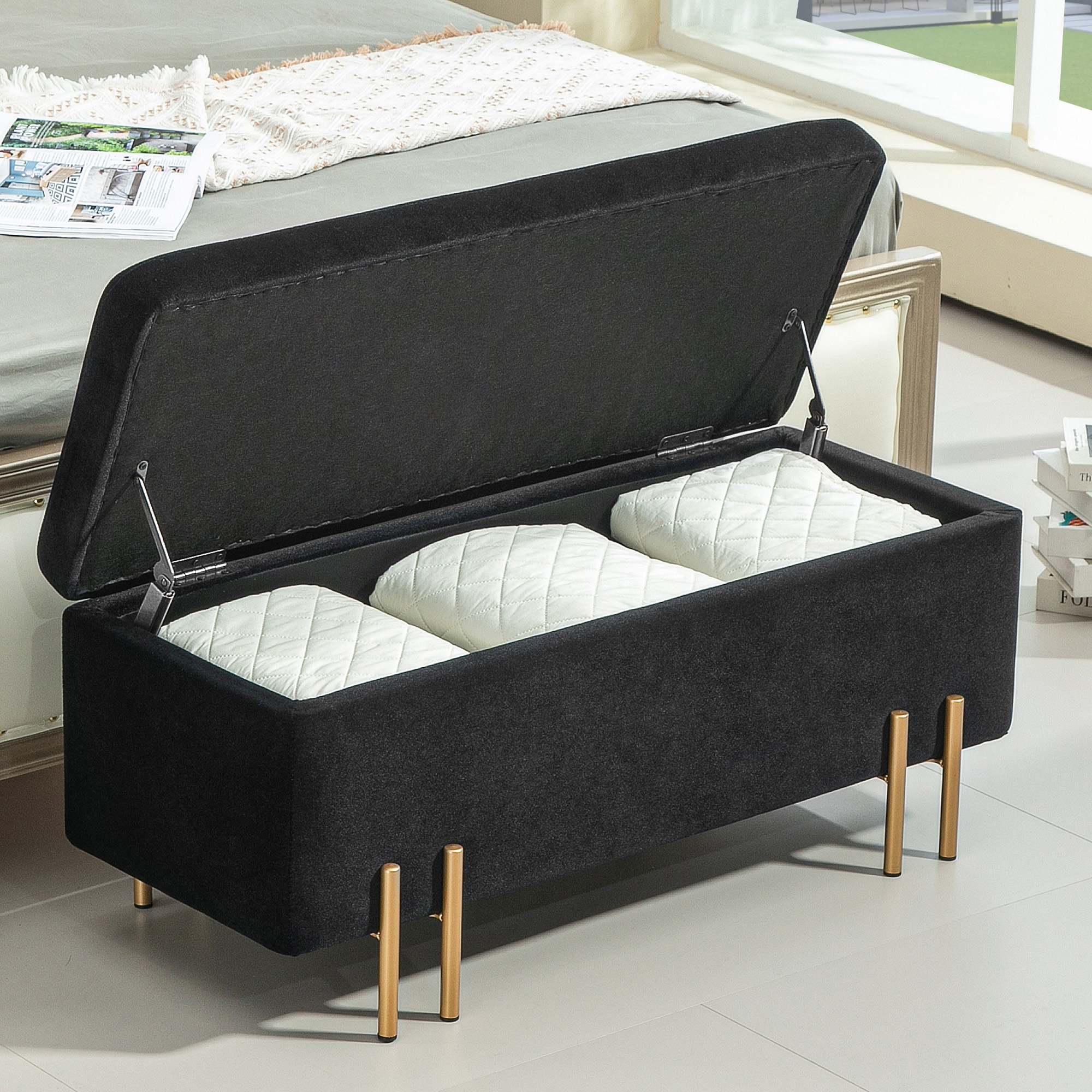 Sitzbank, Polsterbank mit Stauraum, Metall, Kautschukholz, Schaumstoff, 100 x 40 x 42 cm, Schwarz