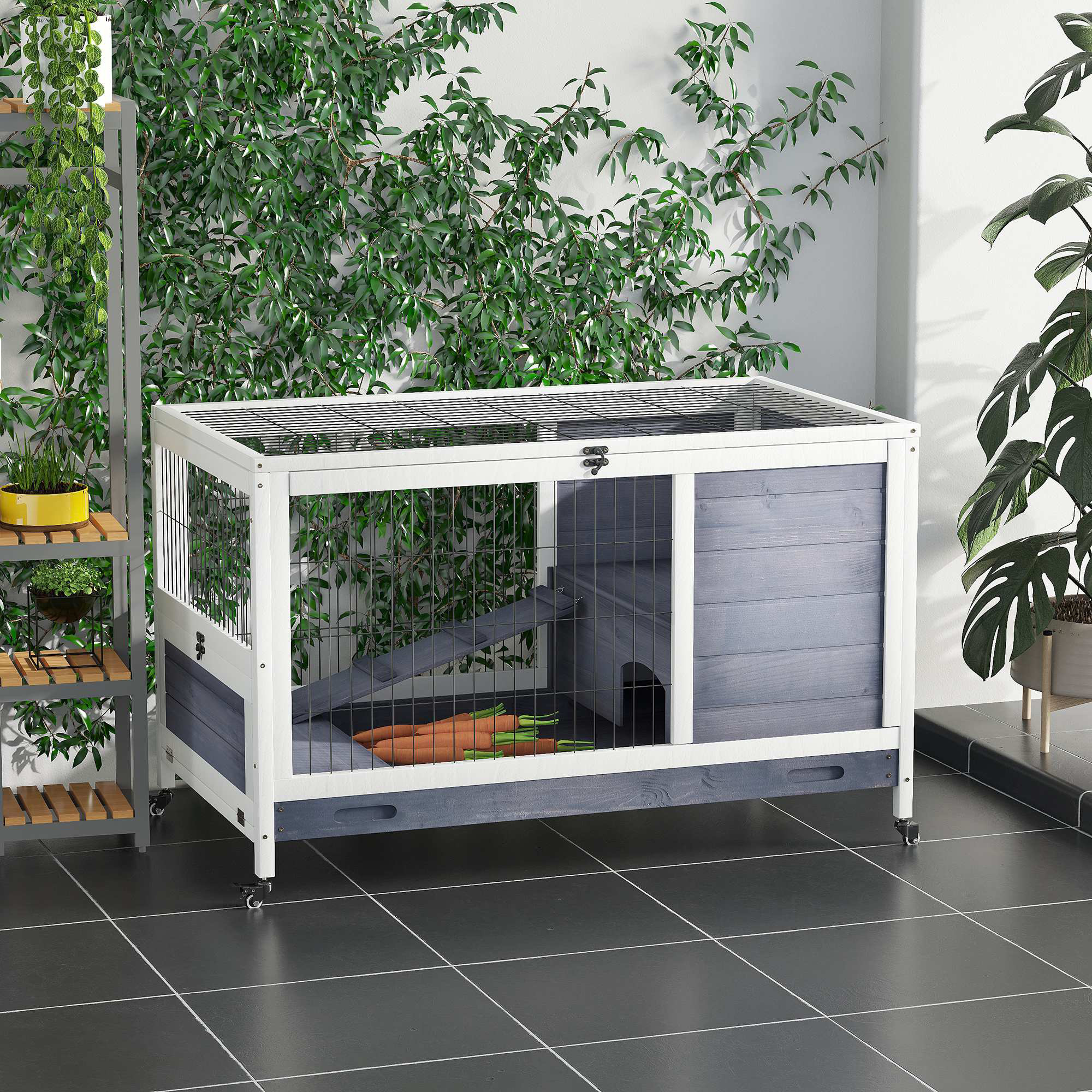 Kaninchenstall aus Holz Hasenstall mit Rädern Klappdach Rampe Ausziehbarem Tablett Winterfest Meerschweinchenstall Kleintierstall Kaninchenkäfig für Innen, draußen 90 x 53 x 59 cm Weiß