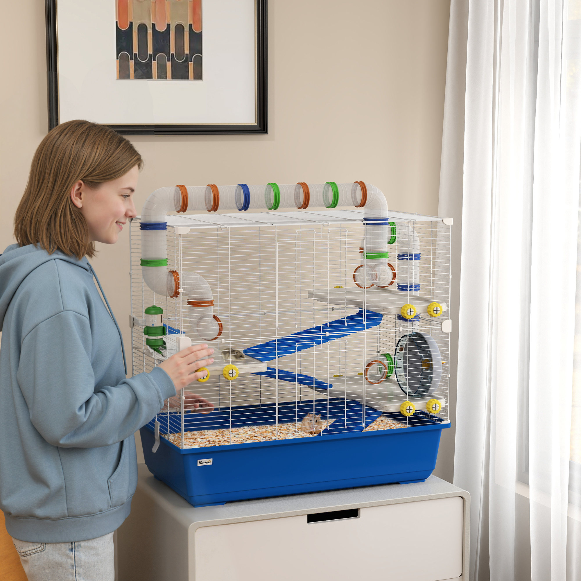 Hamsterkäfig mit 4 Ebenen, Kleintierkäfig mit Tunnelsystem, Hütte, Laufrad, für Zwerghamster, 78 x 45 x 73 cm, Blau