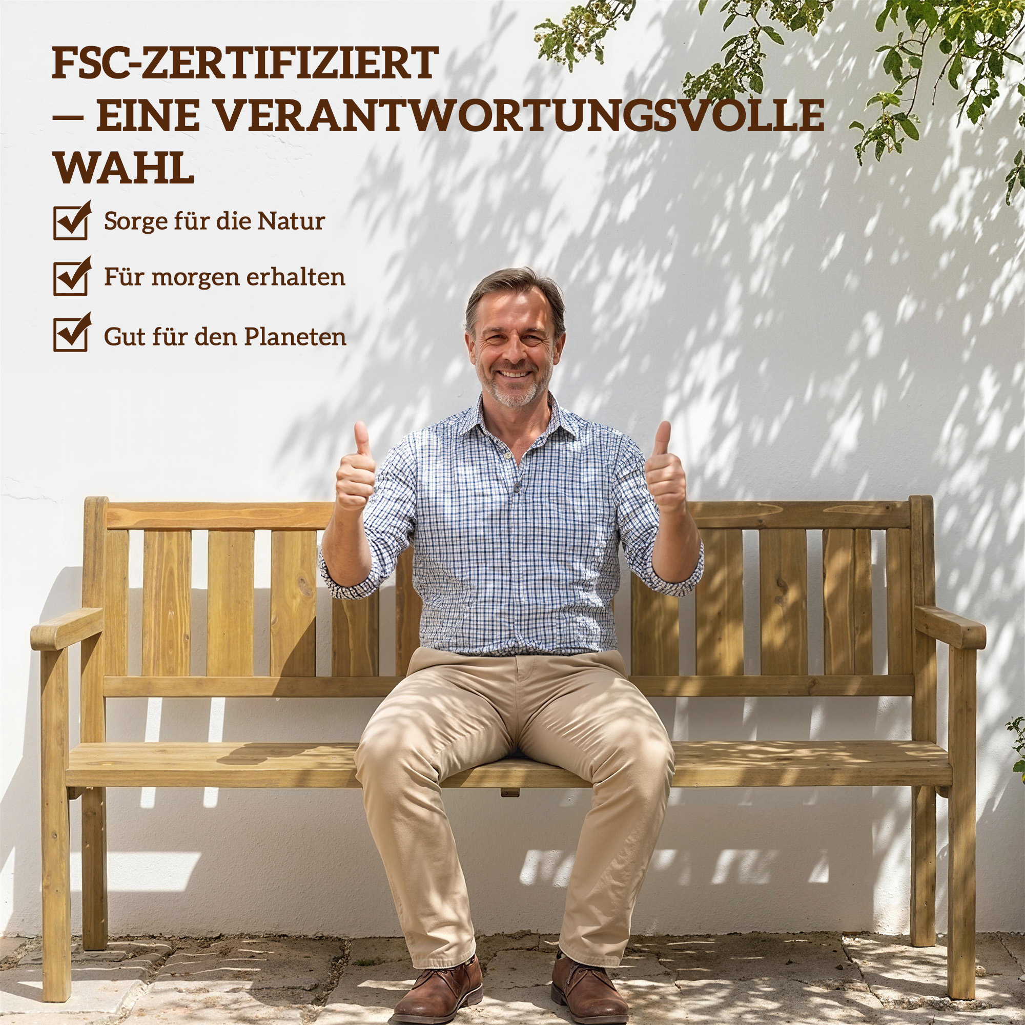 Gartenbank 3-Sitzer Wetterfest Holzbank mit Rückenlehne Armlehnen, Holz Sitzbank 360 kg belastbar Teak