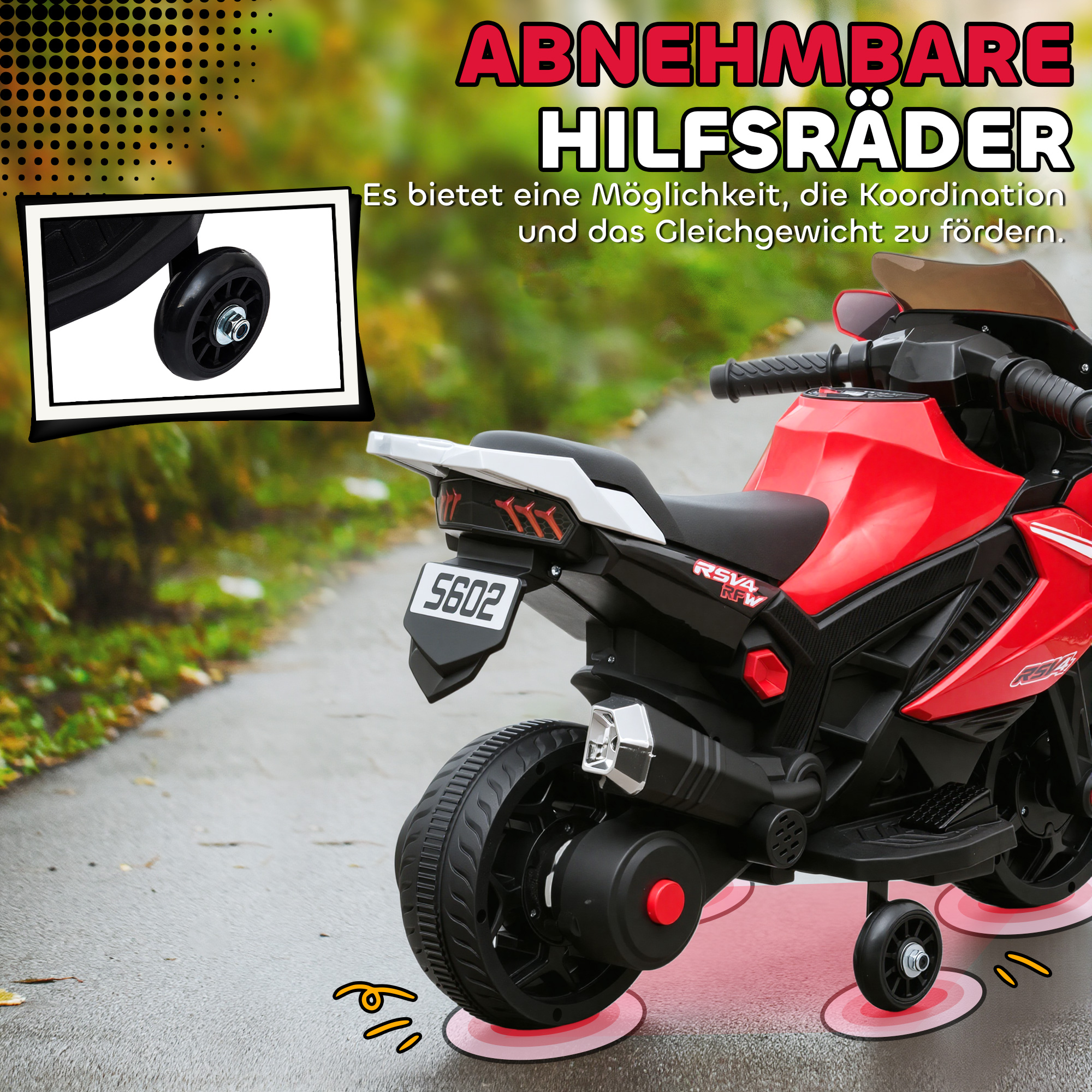 Elektro-Motorrad für Kinder, Hupe, Scheinwerfer, Musikfunktion, 2,5 km/h, Rot