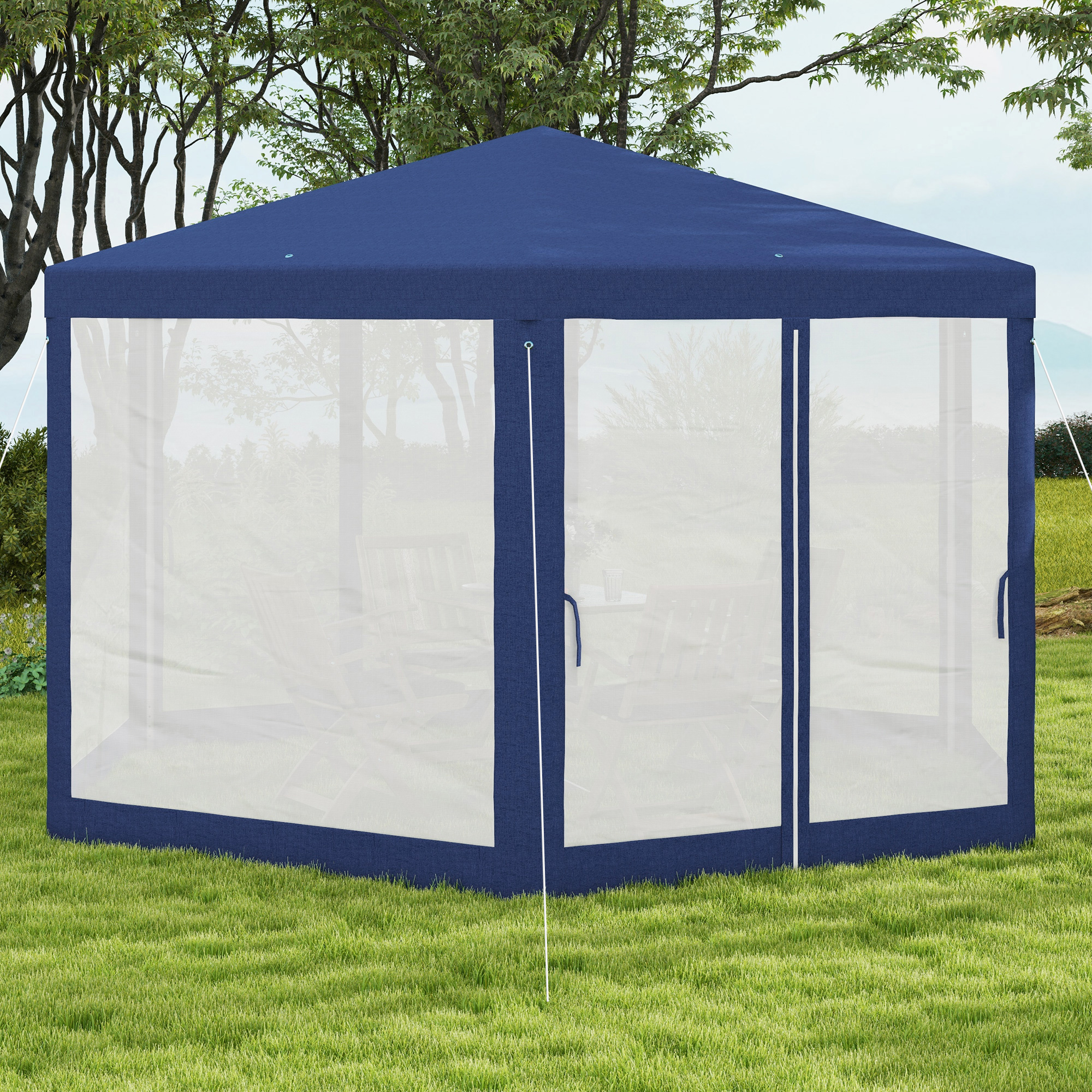 Gartenpavillon, 6-eckig, Netzvorhänge, Metallgestell, 3,94x3,412x2,5m, Blau