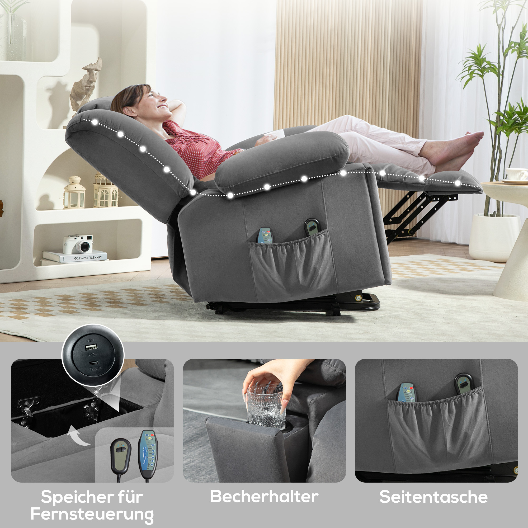 Aufsteh-Sessel, Weicher, samtartiger Stoff, USB-Anschlüsse