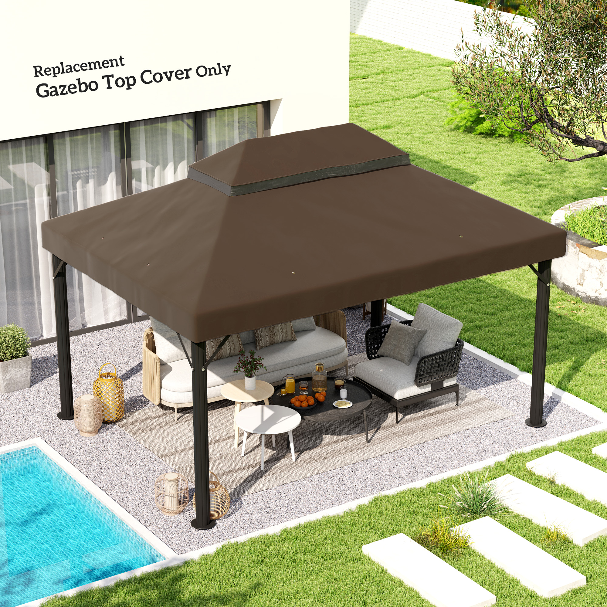 Abdeckung für Gartenpavillon 3x4 m, 2-lagig, aus Oxford-Gewebe 600D mit Abflussöffnungen, Kaffee