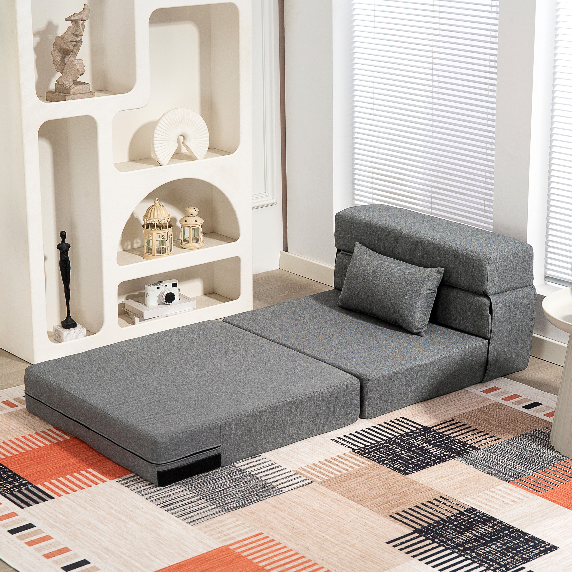 Bodensofa, Polstercouch, in Matratze umwandelbar, Schaumstoff, Kissen, Grau