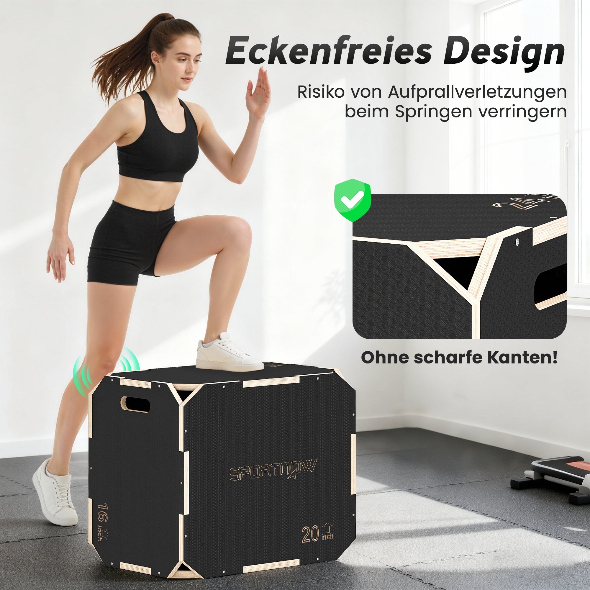 3-in-1 Plyo-Box, Sprungbox mit Griff-Öffnungen, für Home-Fitness und Outdoor-Workouts, 3 Sprunghöhen, Holz, Schwarz