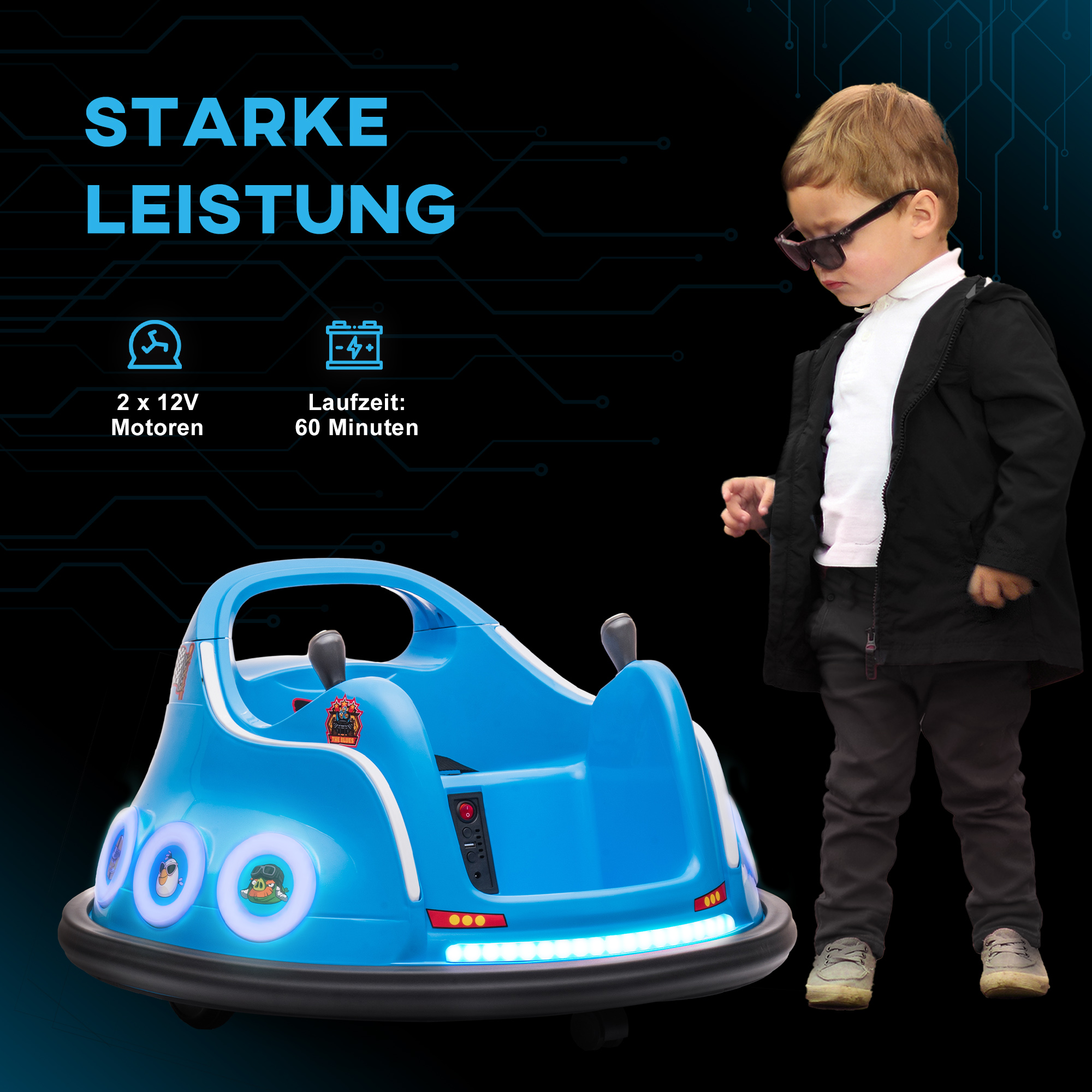 Kinder-Autoscooter, 360°-Drehung, für 3-5 Jahre, mit Fernbedienung, Musik, Blau