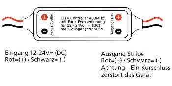 Funk-Controller für LED-Stripes, mit Fernbedienung, 12-24V, 72Watt