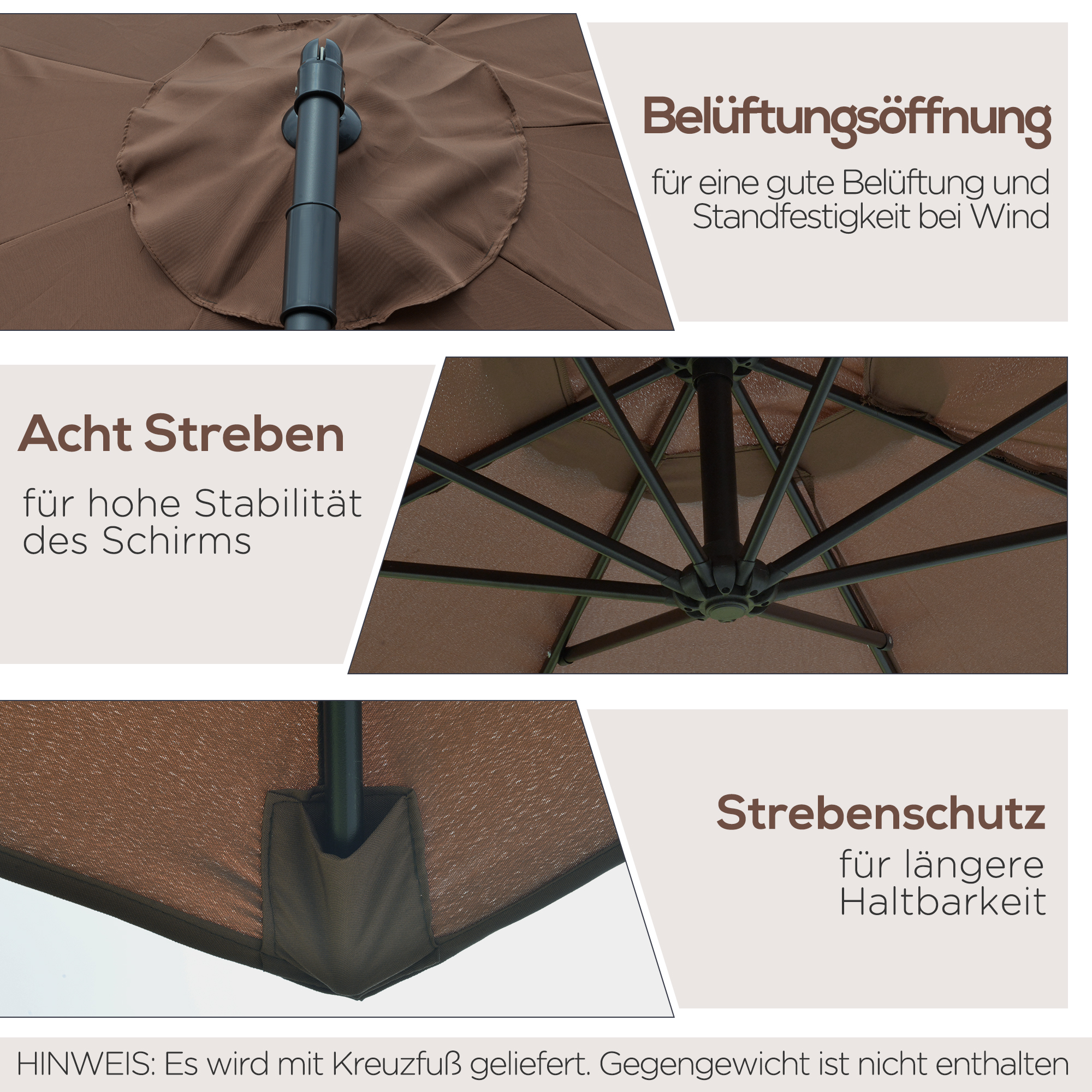 Sonnenschirm mit Kurbel Wetterbeständig 3 m x 3 m x 2,5 m Stahl Polyester Kaffee