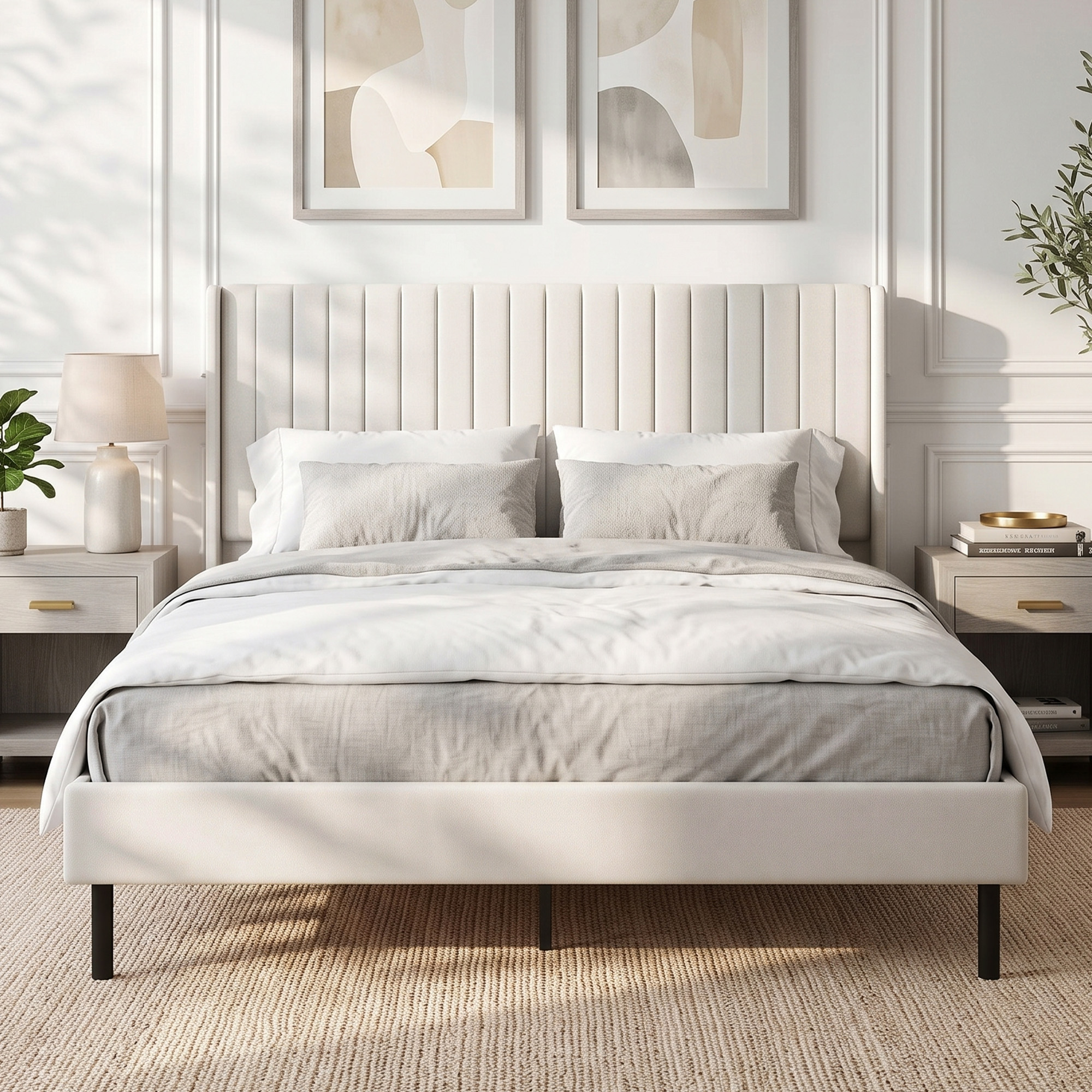 Bettgestell 140 x 200 cm mit verstellbarem Kopfteil, Polsterbett mit 12 Latten, Beige