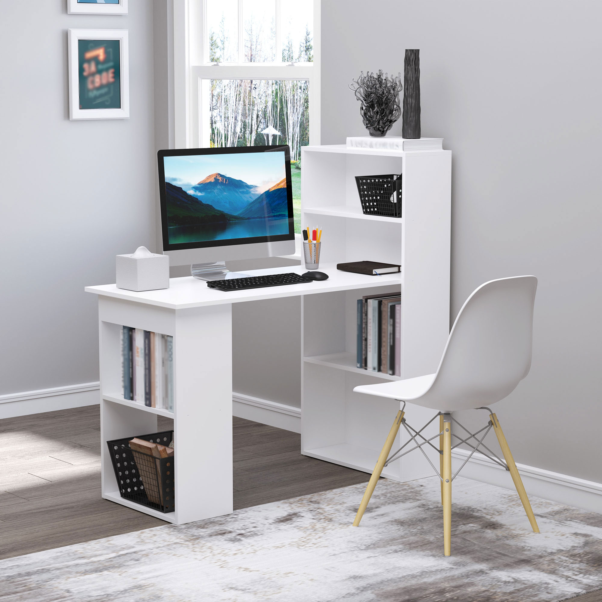 Schreibtisch Bürotisch Computertisch, 2 Regale, 5 Regalböden, 120 cm x 55 cm x 120 cm, Weiß