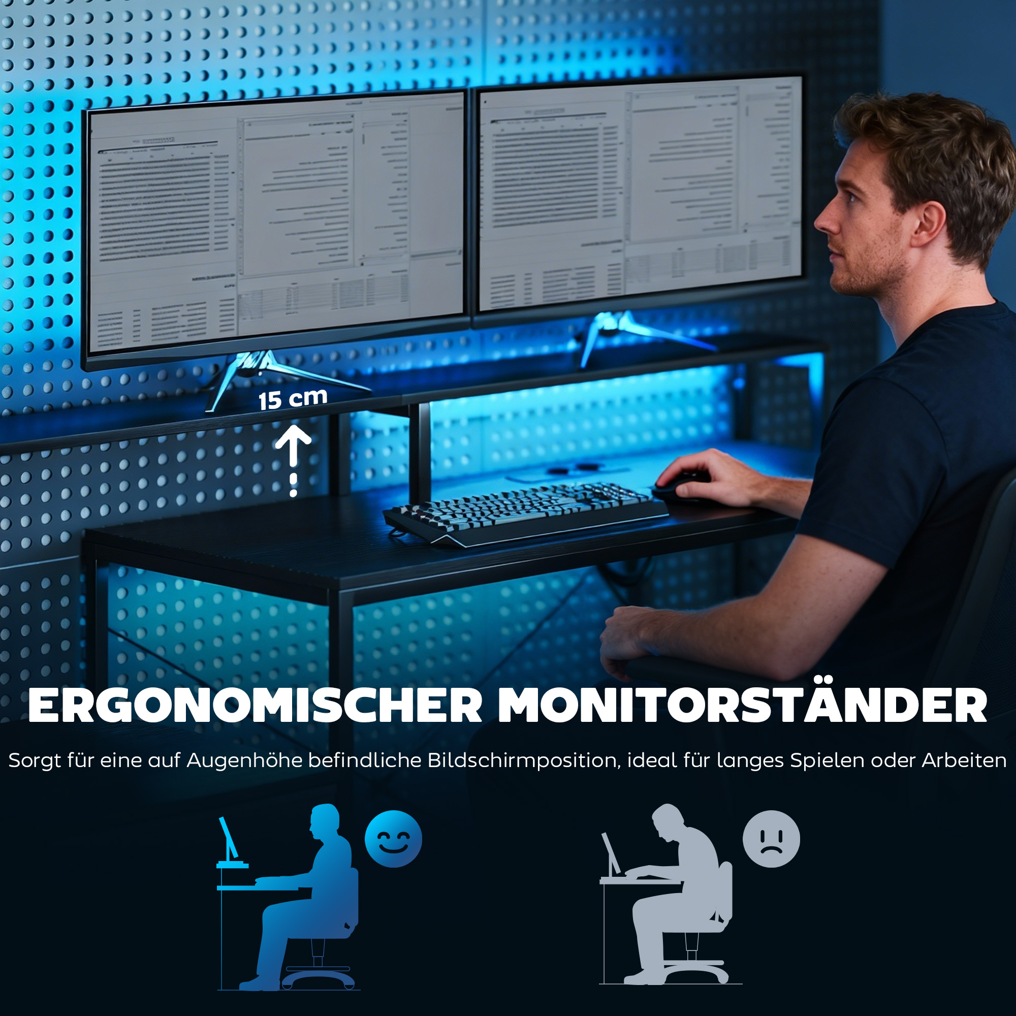 Gaming Tisch L-förmiger Schreibtisch mit LED & Steckdosen, mit Doppelmonitorständer, 165x80x91,5 cm, Schwarze Holzoptik