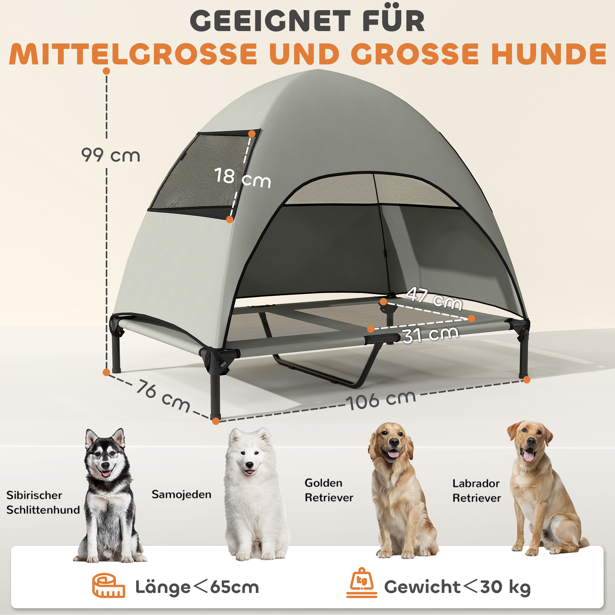 Hundeliege Outdoor mit Dach, Erhöhtes Hundebett für Große Hunde, 106 x 76 x 99 cm, Hellgrau