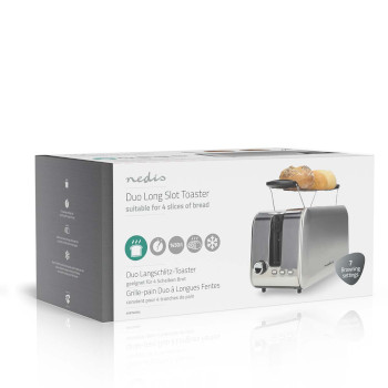 Toaster | 2 Lange Schlitze | Bräunungsstufen: 7 | Auftaufunktion | Aluminium / Silber