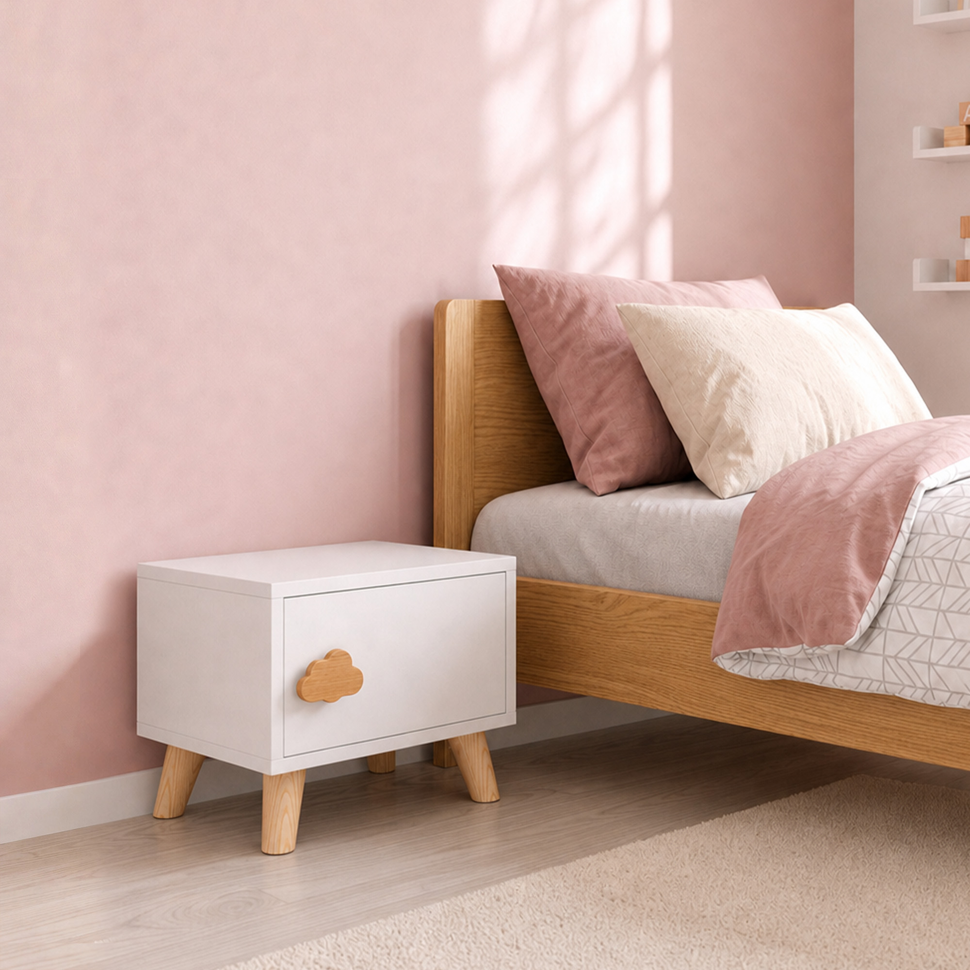 Kinder-Nachttisch aus Holz mit Staufach, Beistelltisch für Schlaf- und Wohnzimmer, Weiß