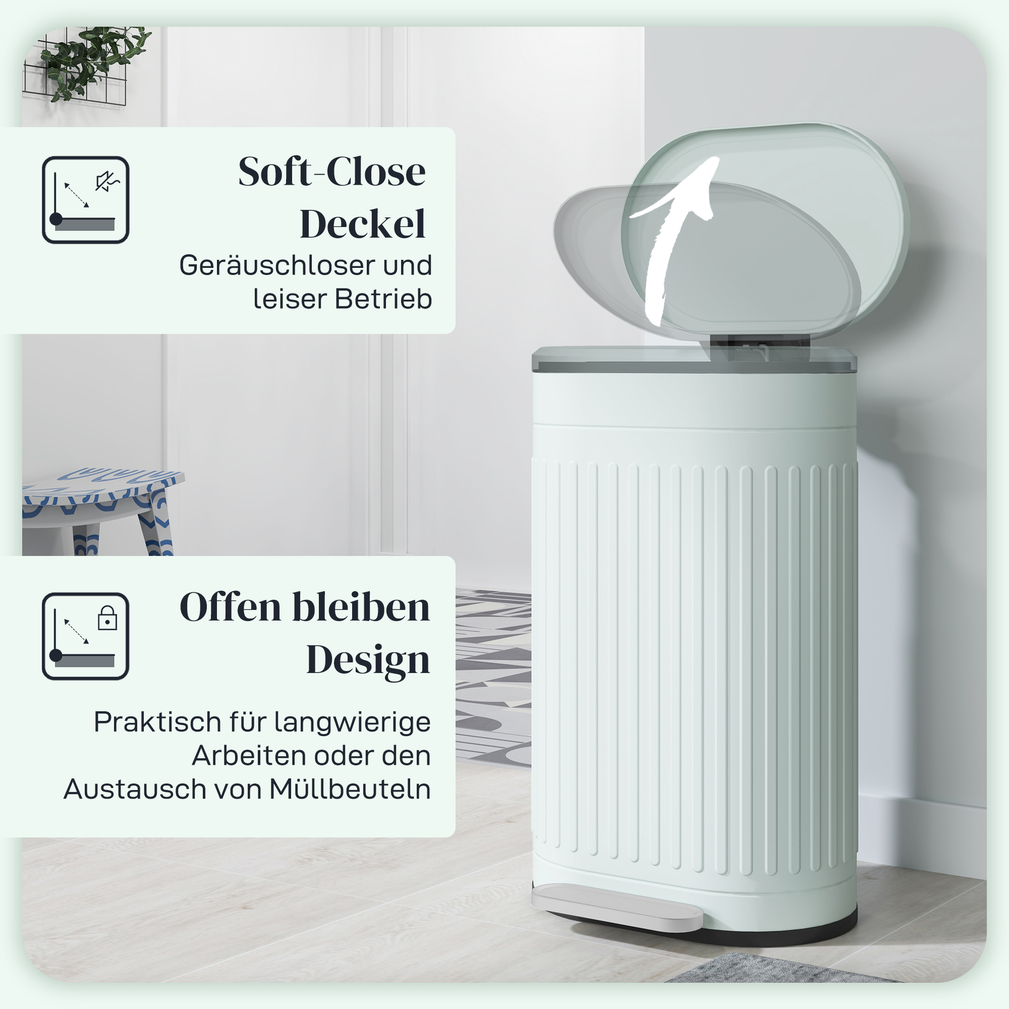 Mülleimer 30L Treteimer mit Deckel Fußpedal herausnehmbarem Inneneimer Soft-Close-Funktion 36,5 x 31,2 x 60,8 cm, Grün