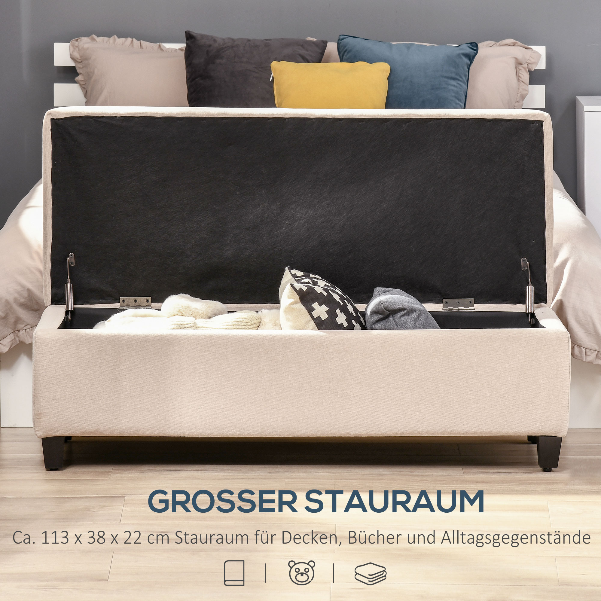 Polsterbank mit Stauraum, Knopfheftung, bis 120 kg, 125 x 49 x 41,5 cm, Beige