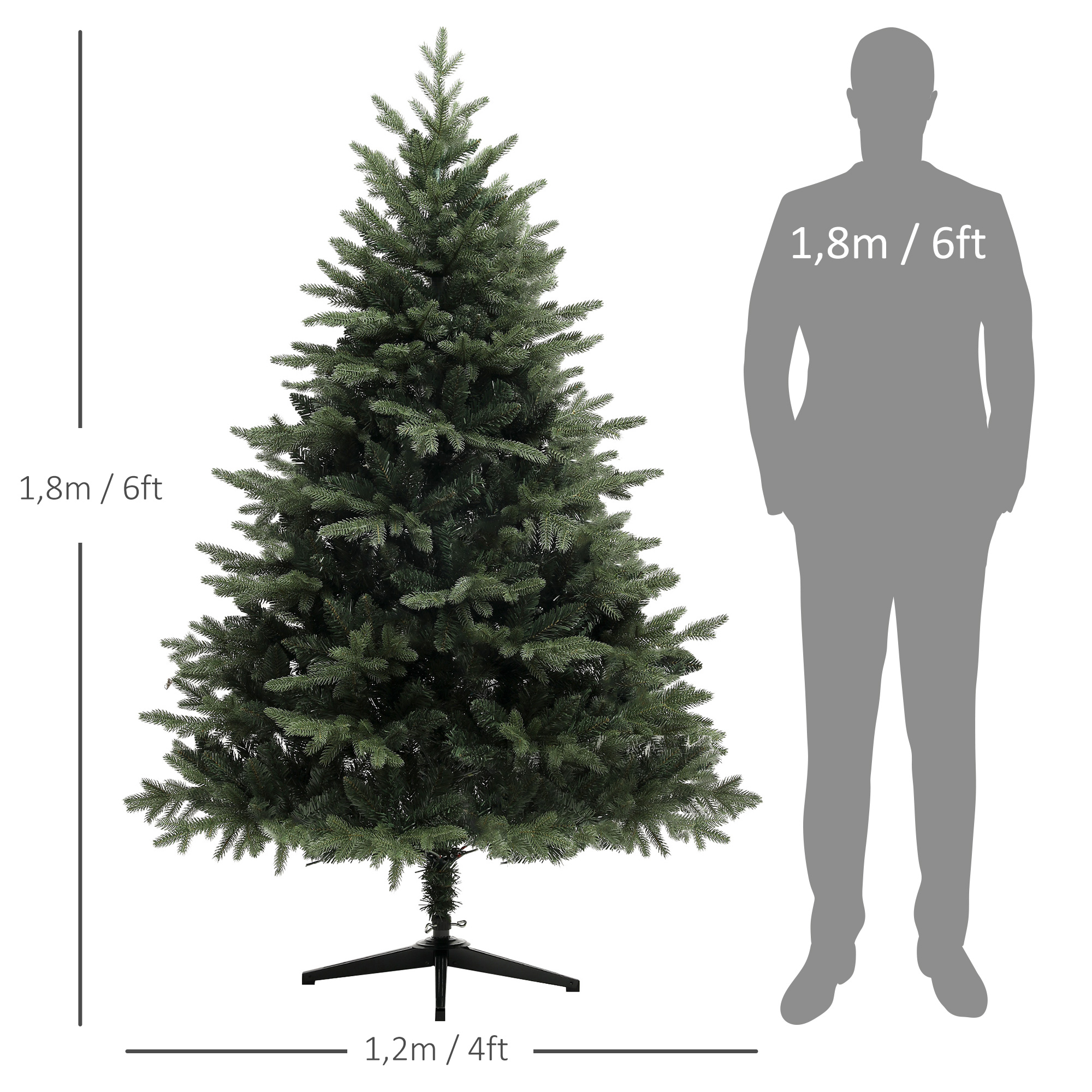 180 cm künstlicher Weihnachtsbaum im Fichtendesign mit 1696 Zweigspitzen und klappbarem Stahlfuß, Christbaum für Zuhause oder Büro, Grün