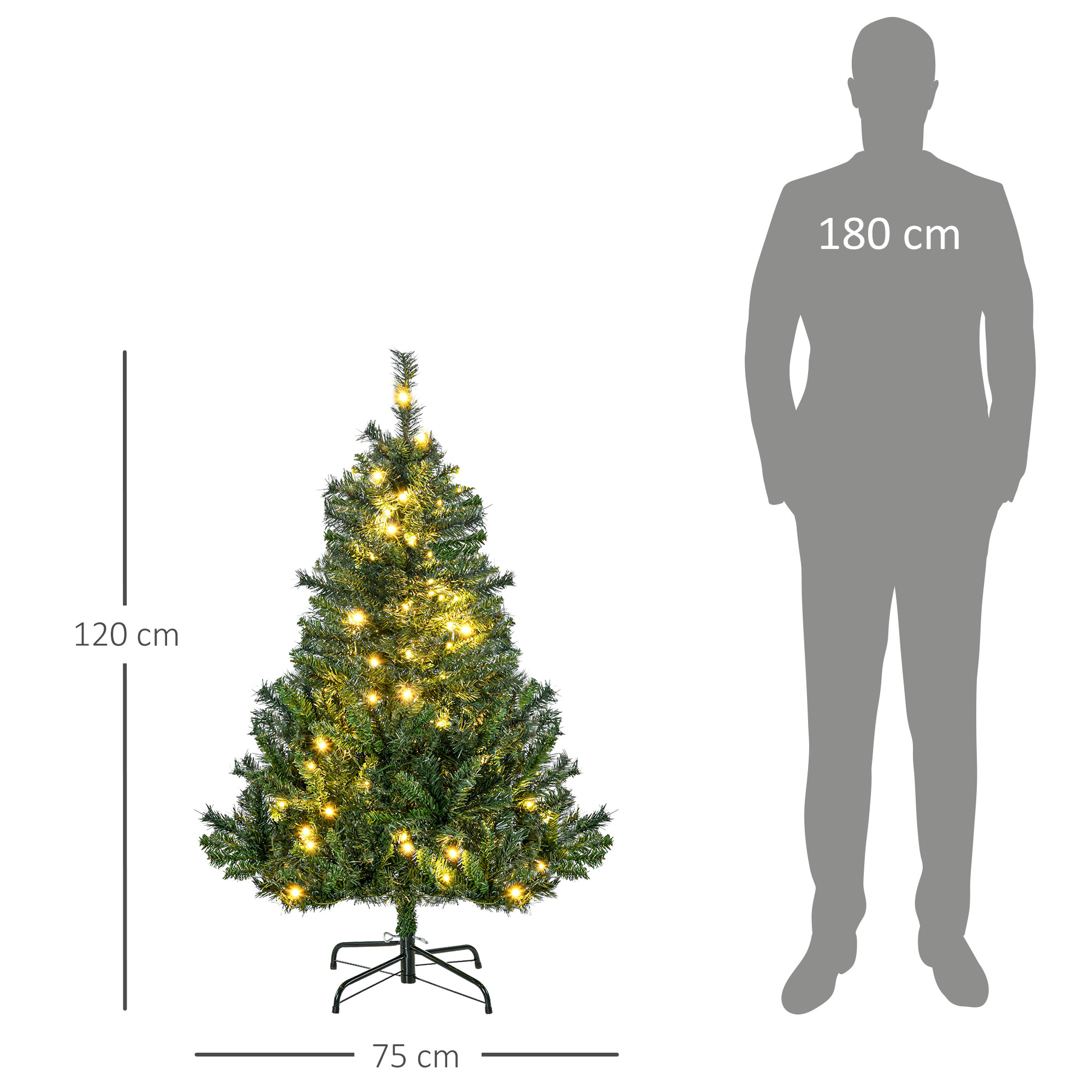 Weihnachtsbaum Christbaum Kunsttanne, 1,2m, LEDs, inkl. Stern, 75 cm x 75 cm x 120 cm, Grün