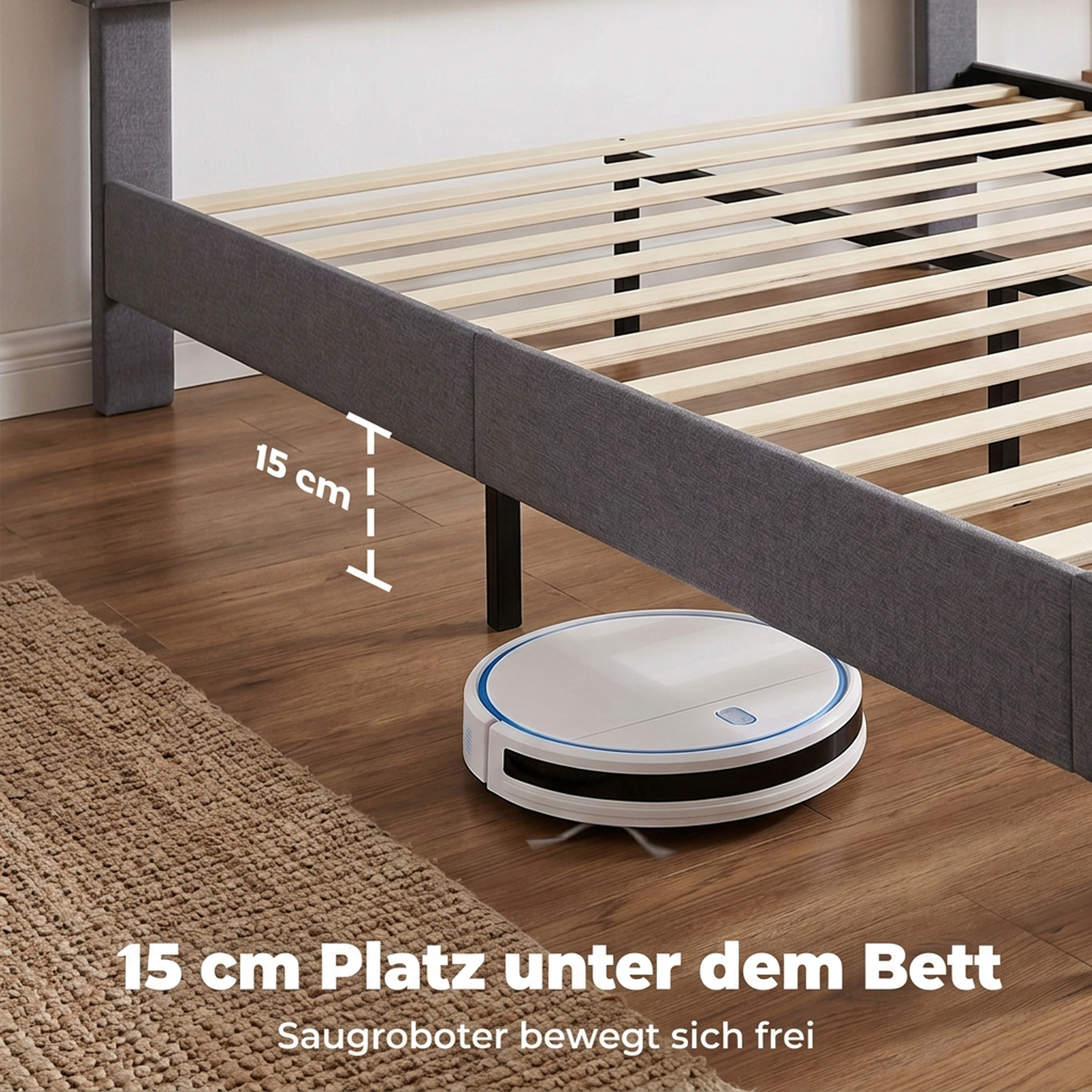 Bettgestell 140 x 200 cm mit verstellbarem Kopfteil, gepolstertes Bett in Leinenoptik mit 12 Latten