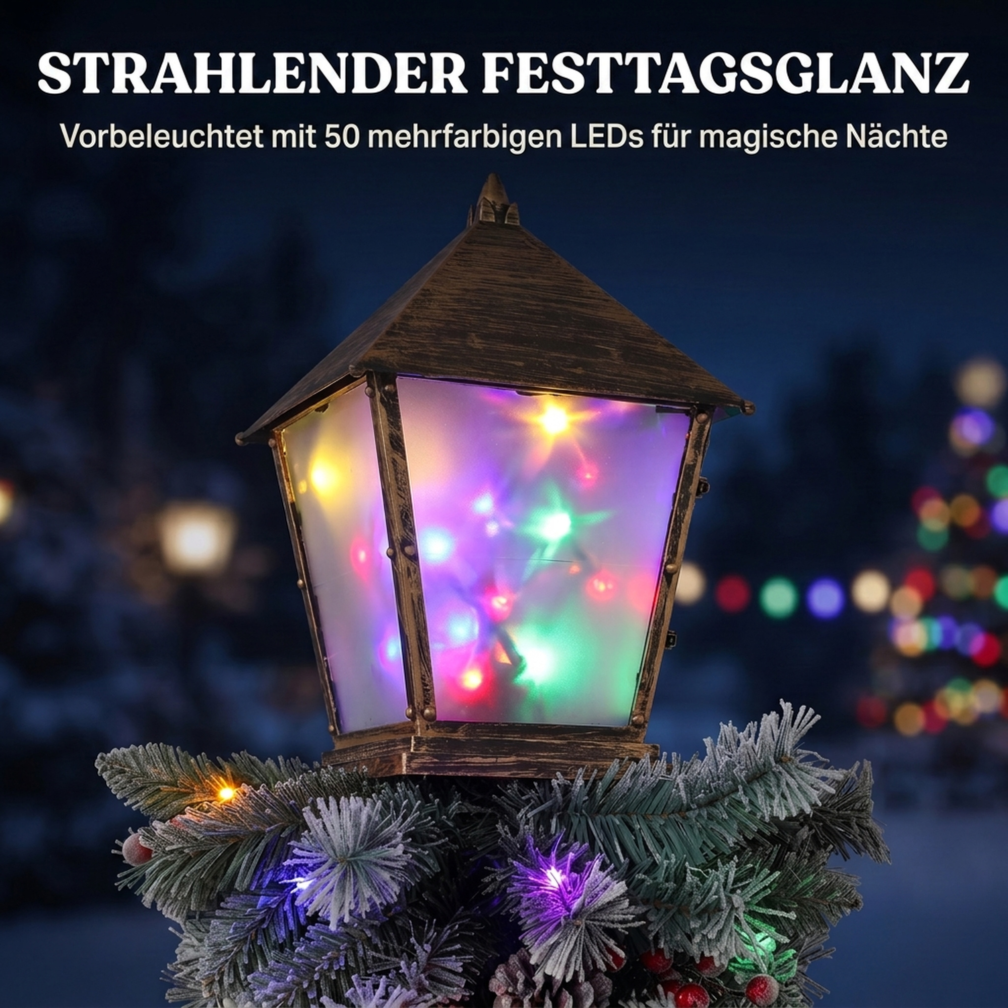 Weihnachts-Straßenlaterne für außen mit LED-Lichtern, schneebeflockten Spitzen, roten Beeren und Tannenzapfen