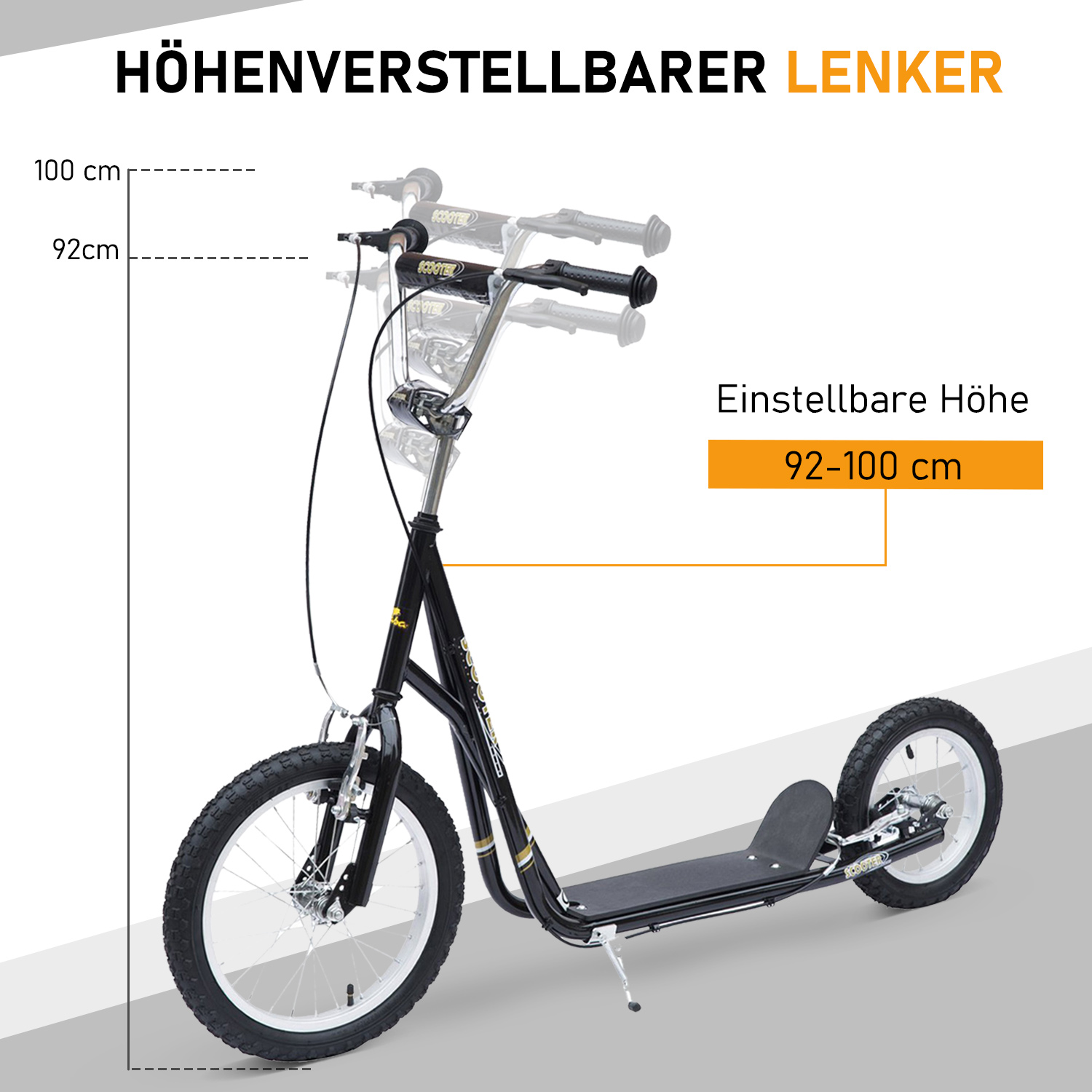 Kinderroller 16/12 Zoll Scooter Tretroller mit Bremsen Cityroller Kickboard Kinder Roller für 5+ Jahre Kinder Schwarz 135 x 58 x 92-100 cm