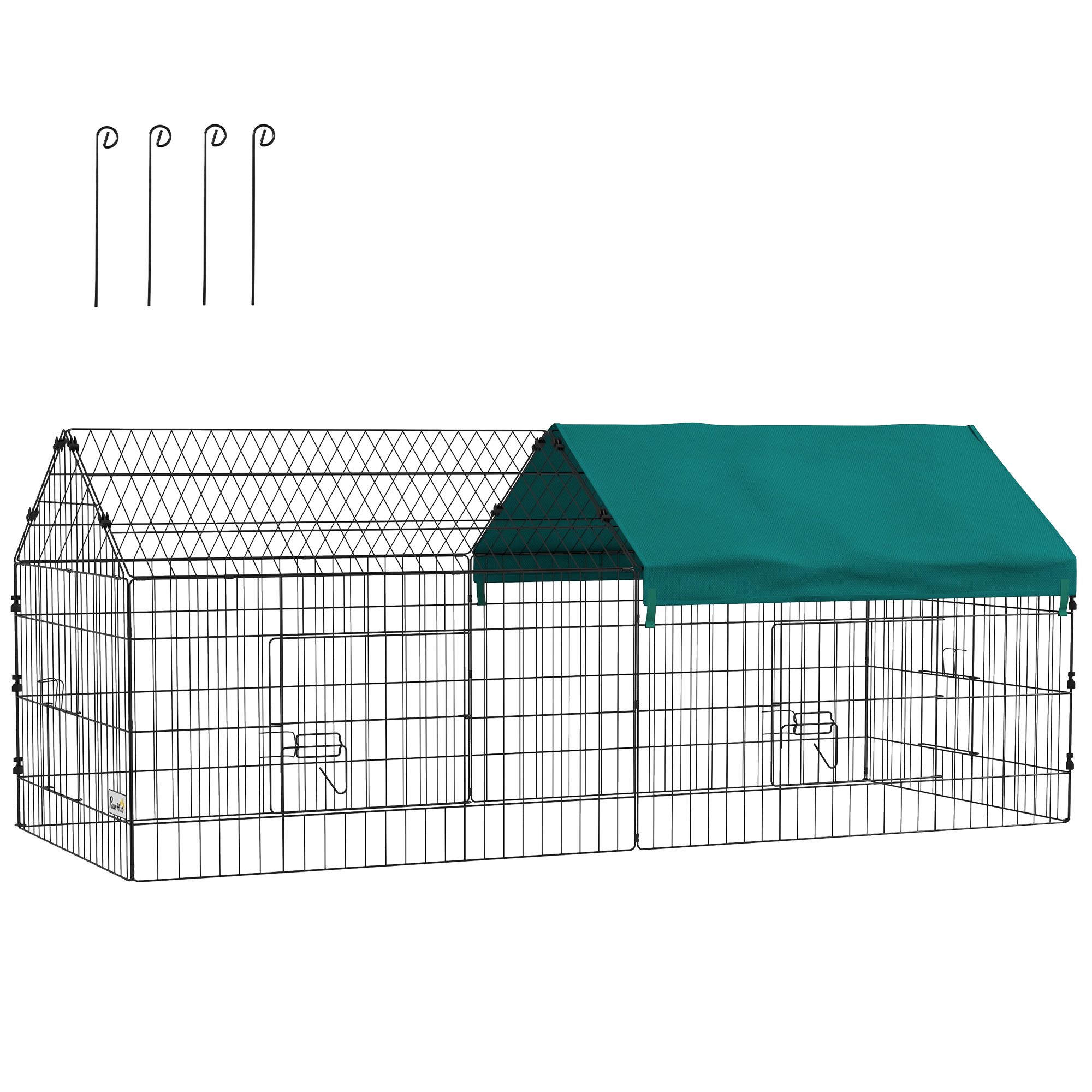 Kleintiergehege mit Dach, 4 Türen, wetterfest, Stahl/Polyester, 185x75x75cm, Schwarz/Grün