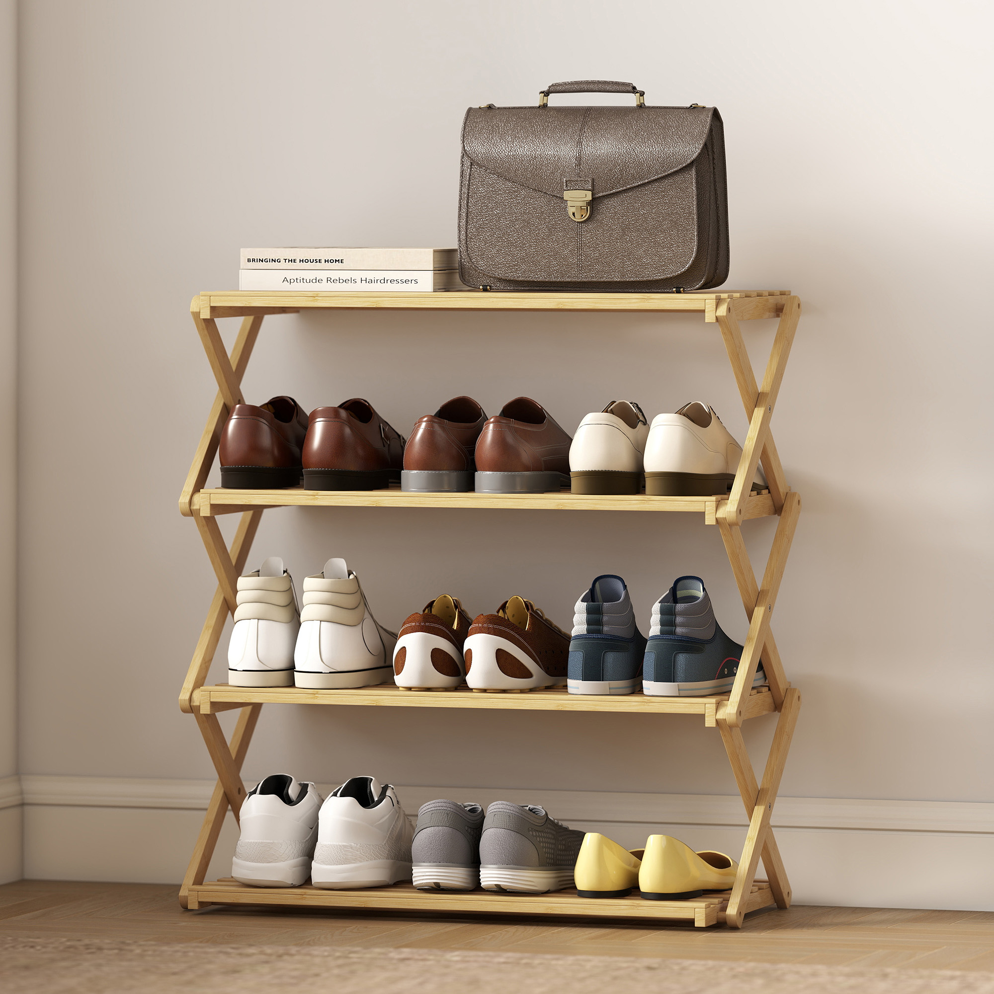 Schuhregal mit 4 Ebenen, Schuhablage aus Bambus,für bis zu 12 Paar Schuhe, für Eingang, Flur, 60 x 29 x 67 cm, Natur