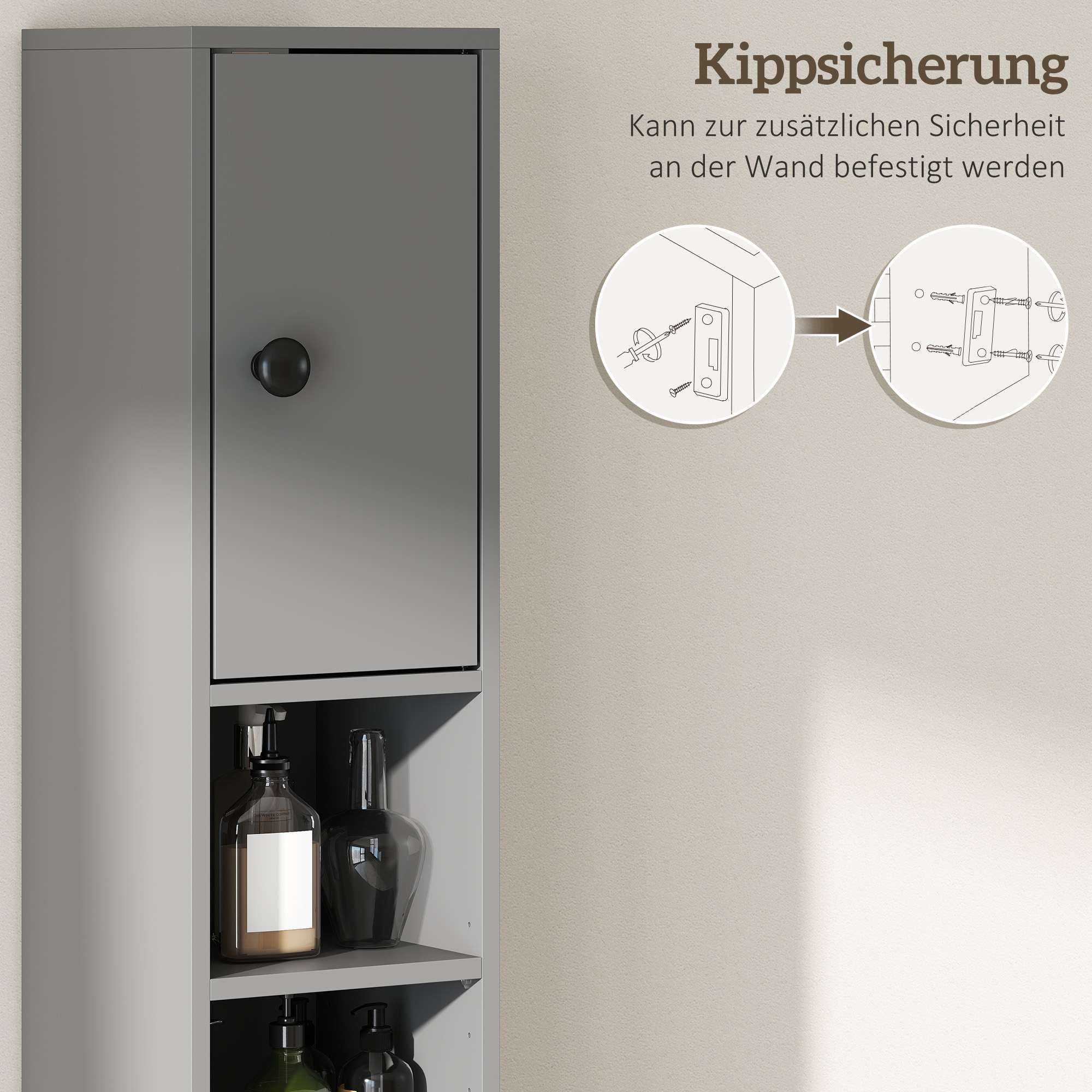 Badezimmerschrank, 4 Regale, Schublade, Spanplatte, schlankes Design, Grau