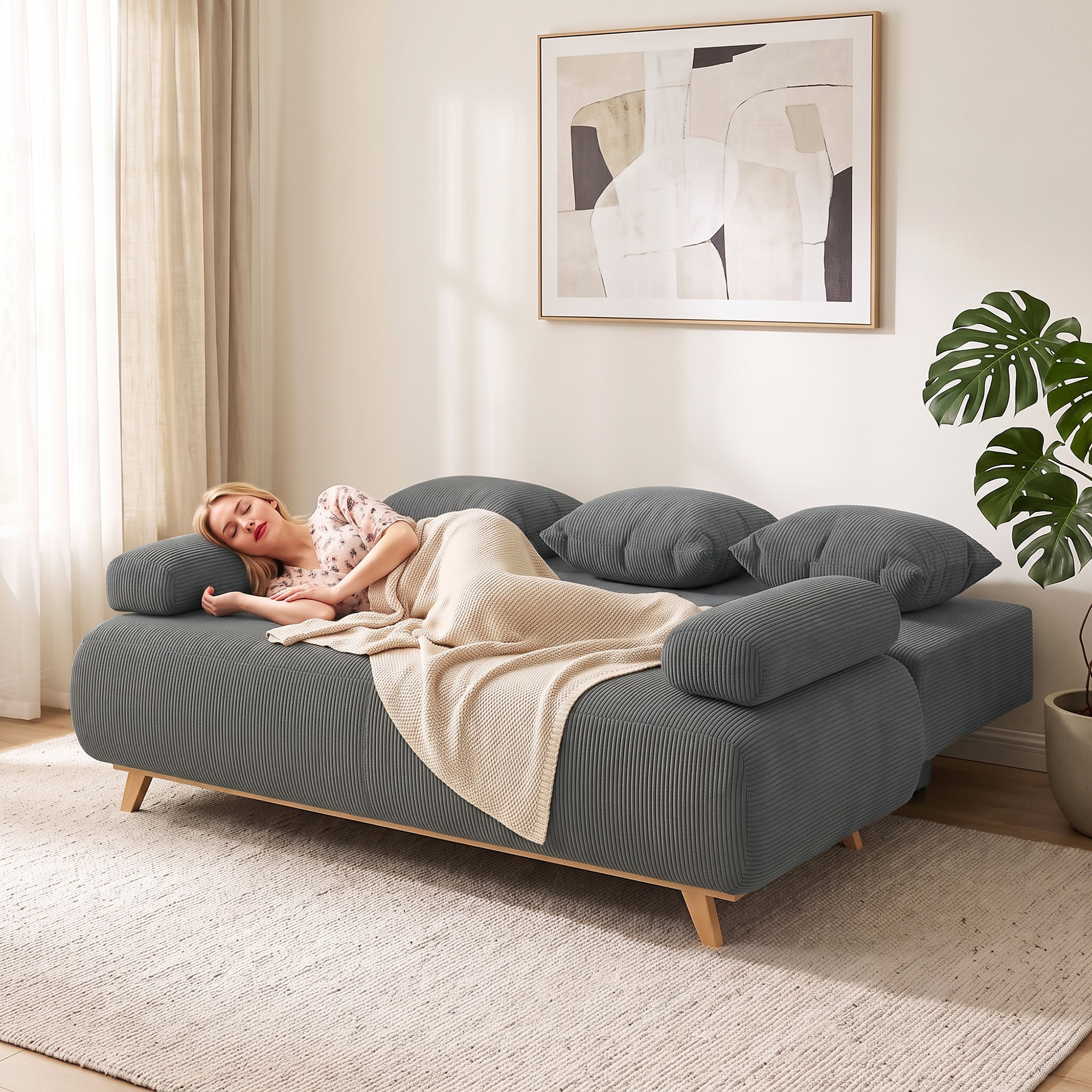 Schlafsofa mit verstellbarer Rückenlehne, Bettfunktion, verstecktem Stauraum und Cordbezug, Grau