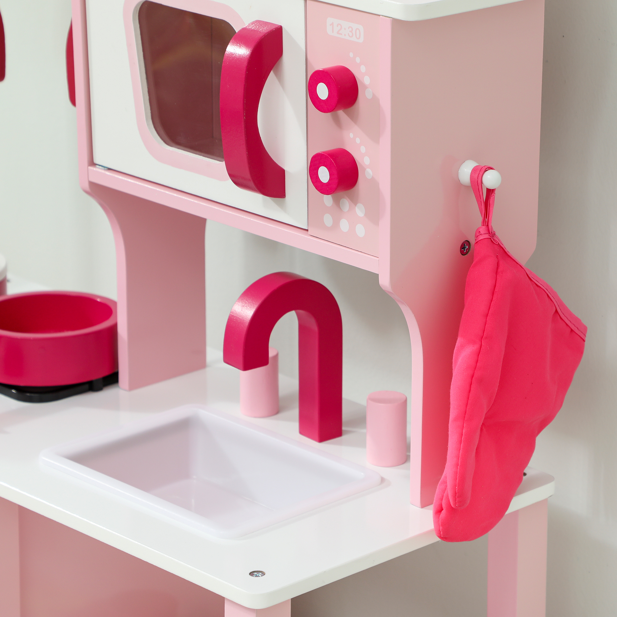 Kinderküche zum Spielen, Zubehör aus Holz, Küchengeräte, kompakt, Geräusche, Rosa
