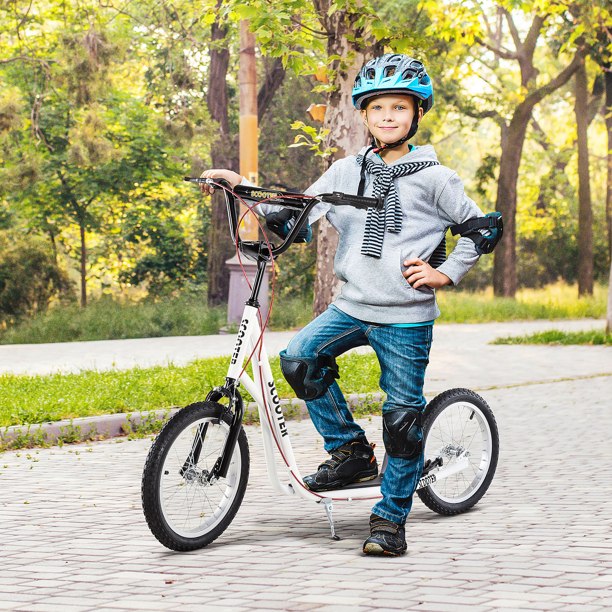 Kinderroller Scooter Tretroller Cityroller Kickscooter Roller Kinder Kickboard mit Luftreifen und Handbremse Scooter Kinder Wasserfest Faltbar ab 5 Jahre 16 Zoll Weiß 139 x 58 x 90-96 cm