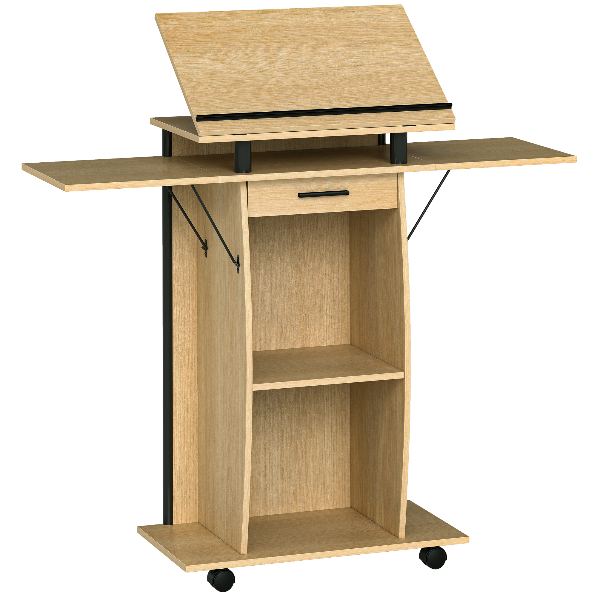 Rollbarer Podiumsständer, Redepult mit klappbaren Seitenflügeln, Laptop-Tisch mit Schublade und Regalen, Eichenoptik Rollbarer Podiumsständer, Redepult mit klappbaren Seitenflügeln, Laptop-Tisch mit Schublade und Regalen, Eichenoptik