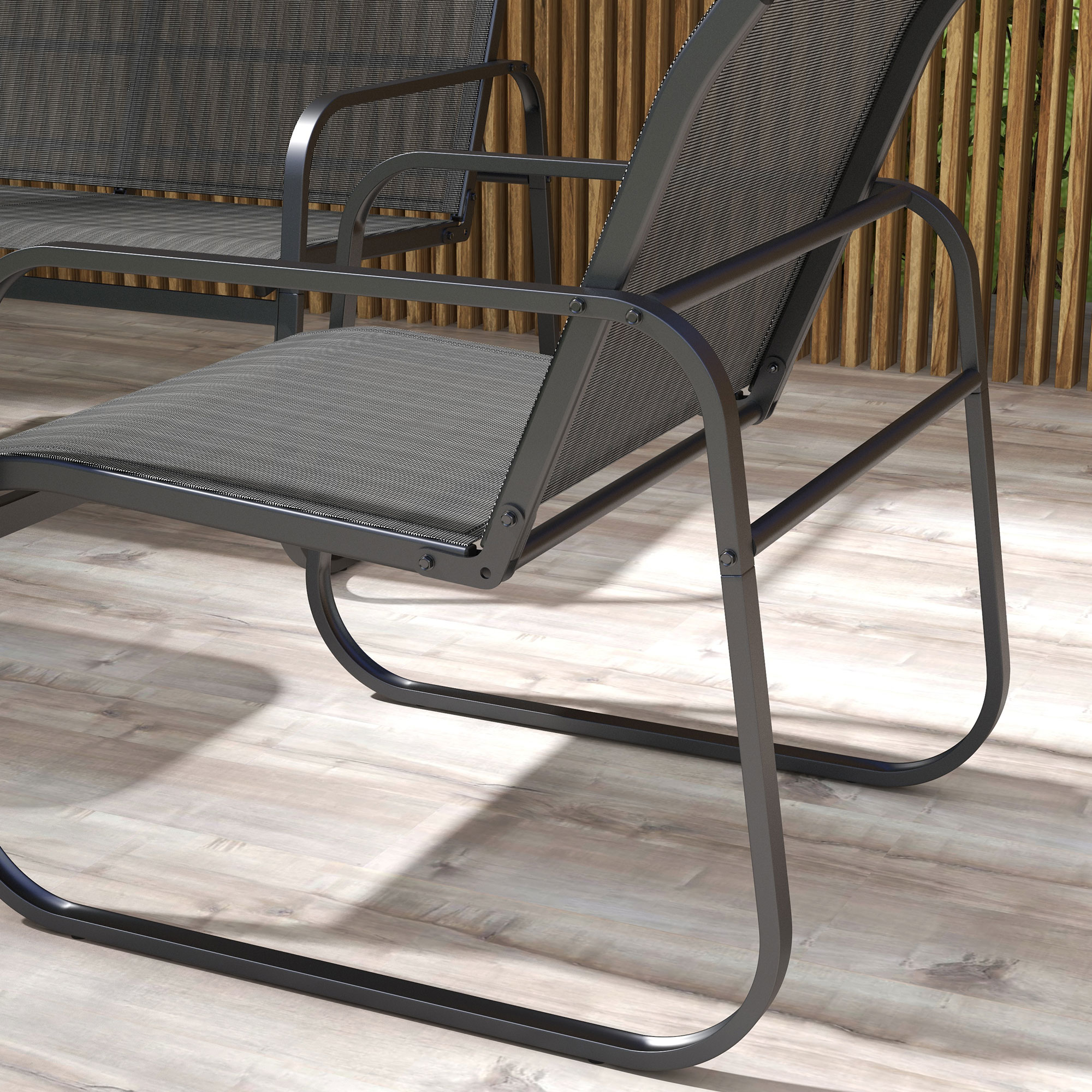 4-teilige Gartengarnitur, 2 Sessel, 2-Sitzer-Sofa, Tisch mit Glasplatte, atmungsaktiver Stoff, Metallrahmen, Schwarz