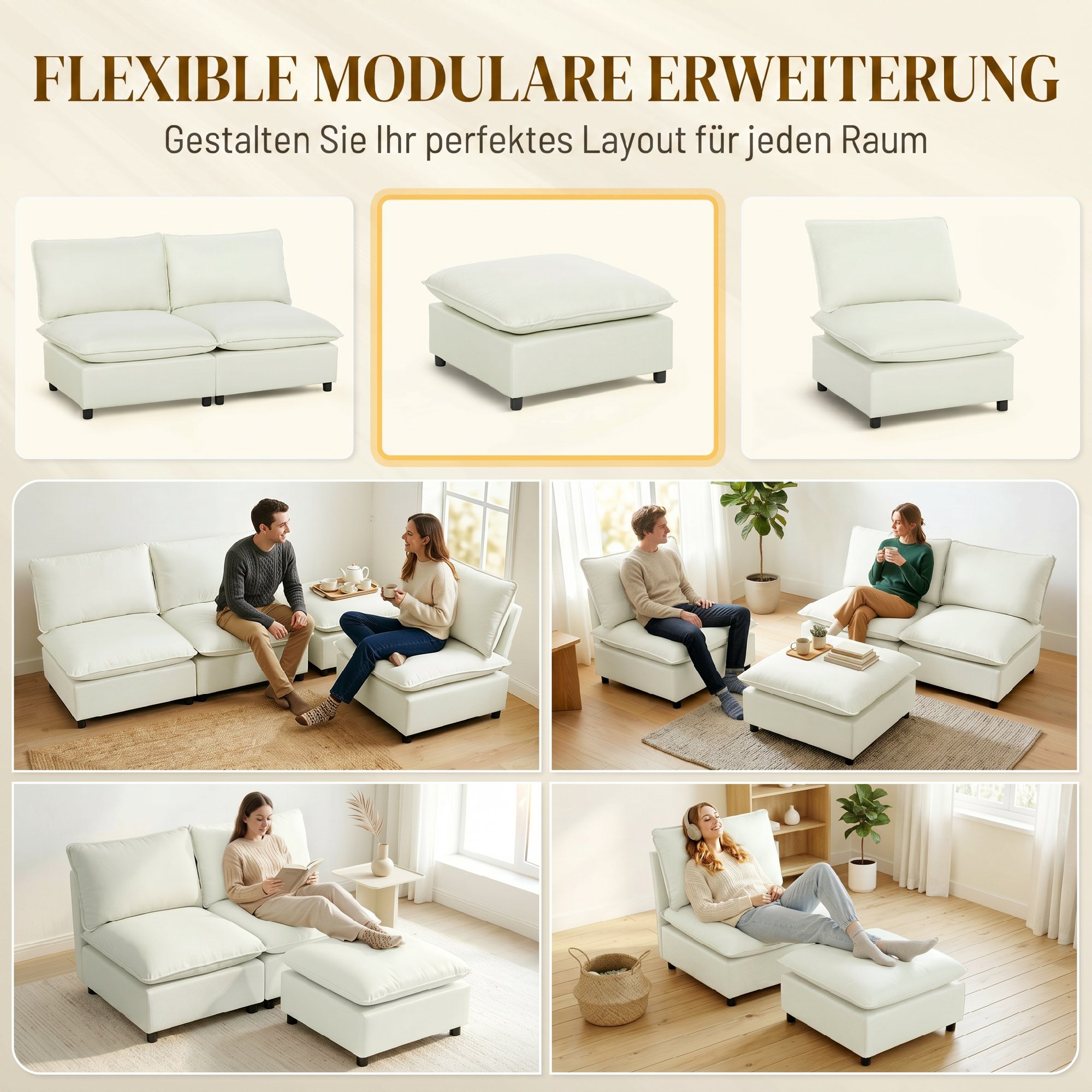 Fußhocker moderner Stoff-Ottomane mit Kunststoffbeinen für Wohnzimmer und Schlafzimmer, 75 cm, Cremeweiß