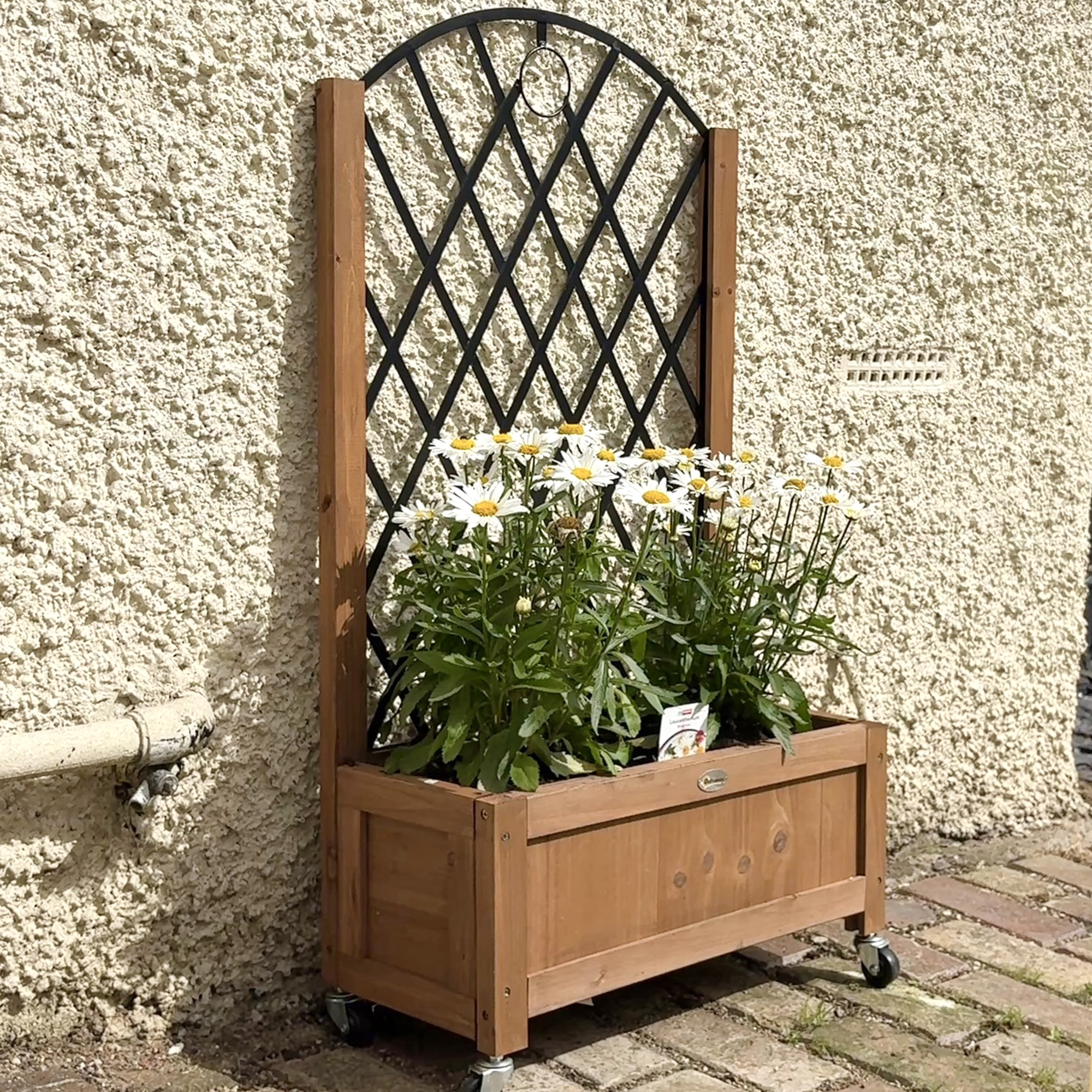 2er Set Hochbeet Pflanzkasten mit Rolle, Rankgitter, Spalier Pflanzkübel Blumenkasten Holz 52x25x97cm Braun