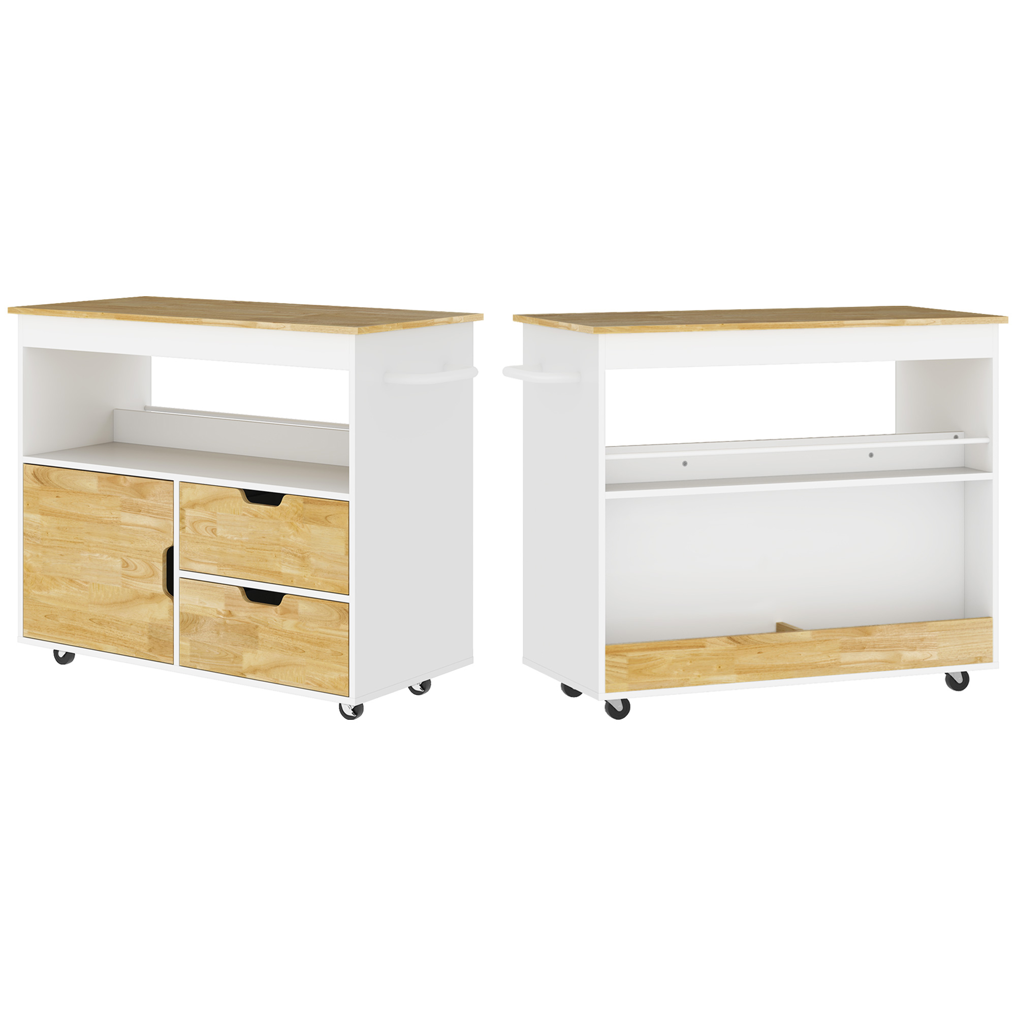 Küchenwagen, Rollbare Kücheninsel, Küchen-Trolley mit Fächern, Schrank und Arbeitsfläche, Weiß