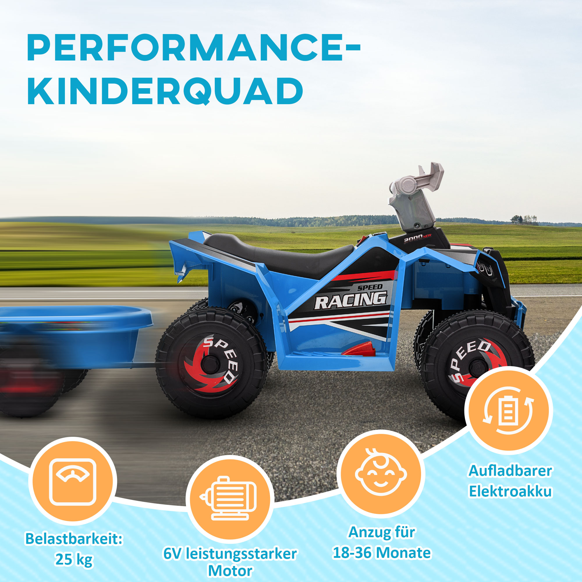 Kinderquad, aufladbar, 2,5 km/h, mit Anhänger, 50 Min. Fahrzeit, für Kinder 1,5 bis 3 Jahre, Blau