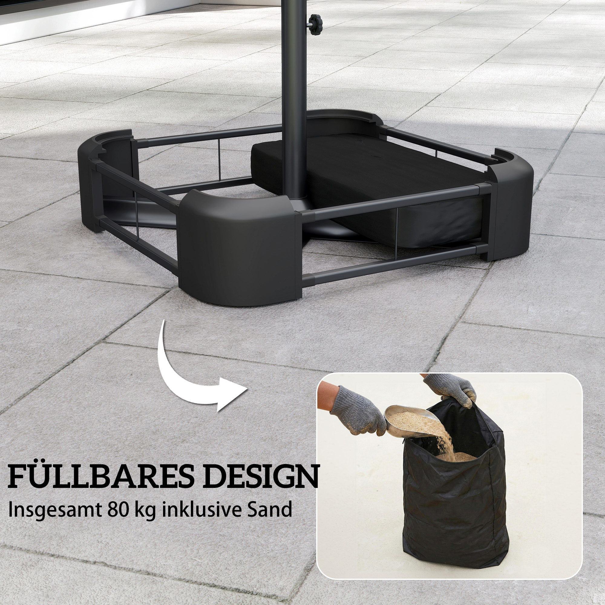 Sonnenschirmständer 80 kg Sandfüllung robuster Standfuß für Freischwinger und 48 mm Stangen Schwarz