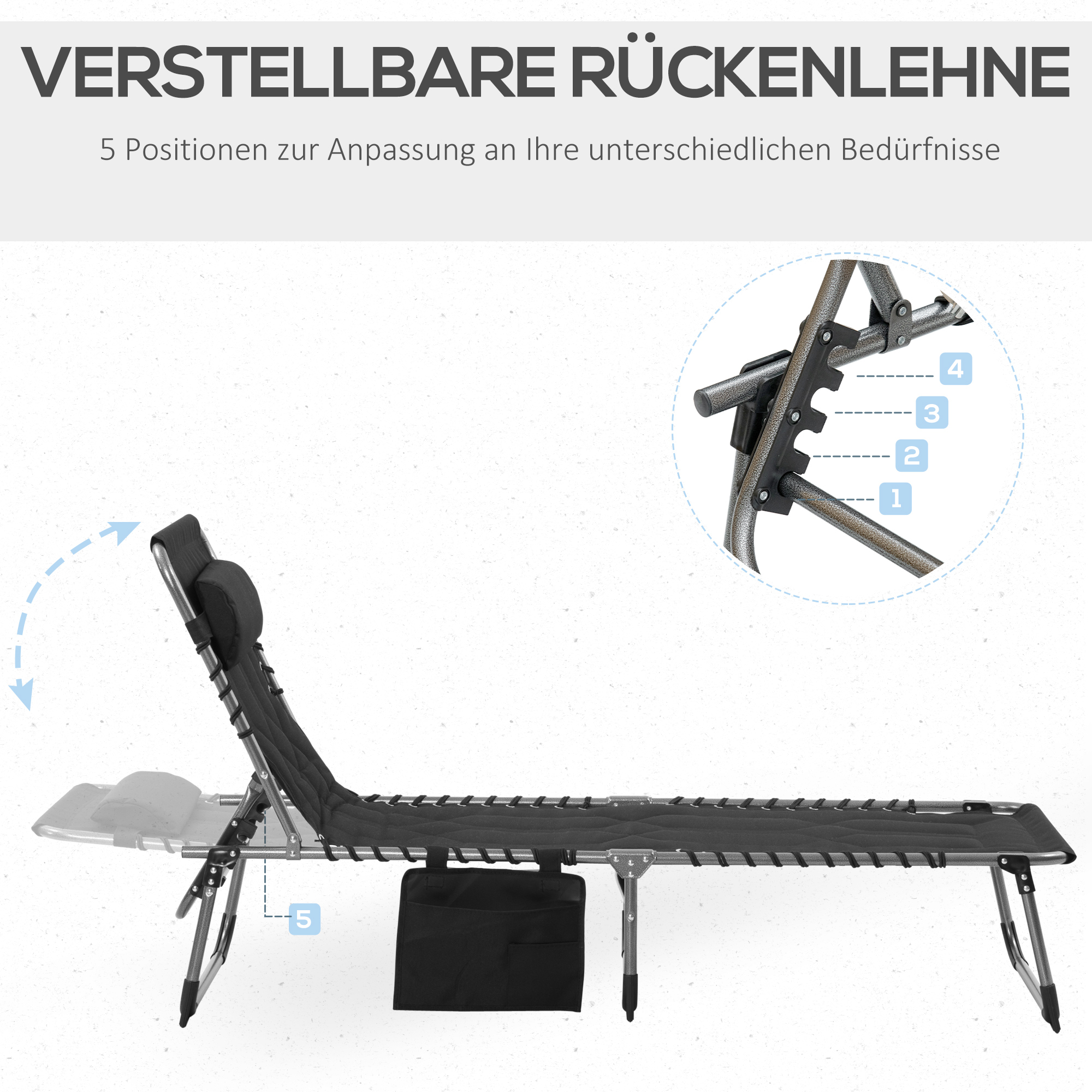 Sonnenliege faltbar Gartenliege Klappliege mit Kissen Garten 5-stufige Rückenlehne verstellbar Stahl Oxford-Stoff Schwarz 188 x 57 x 30 cm