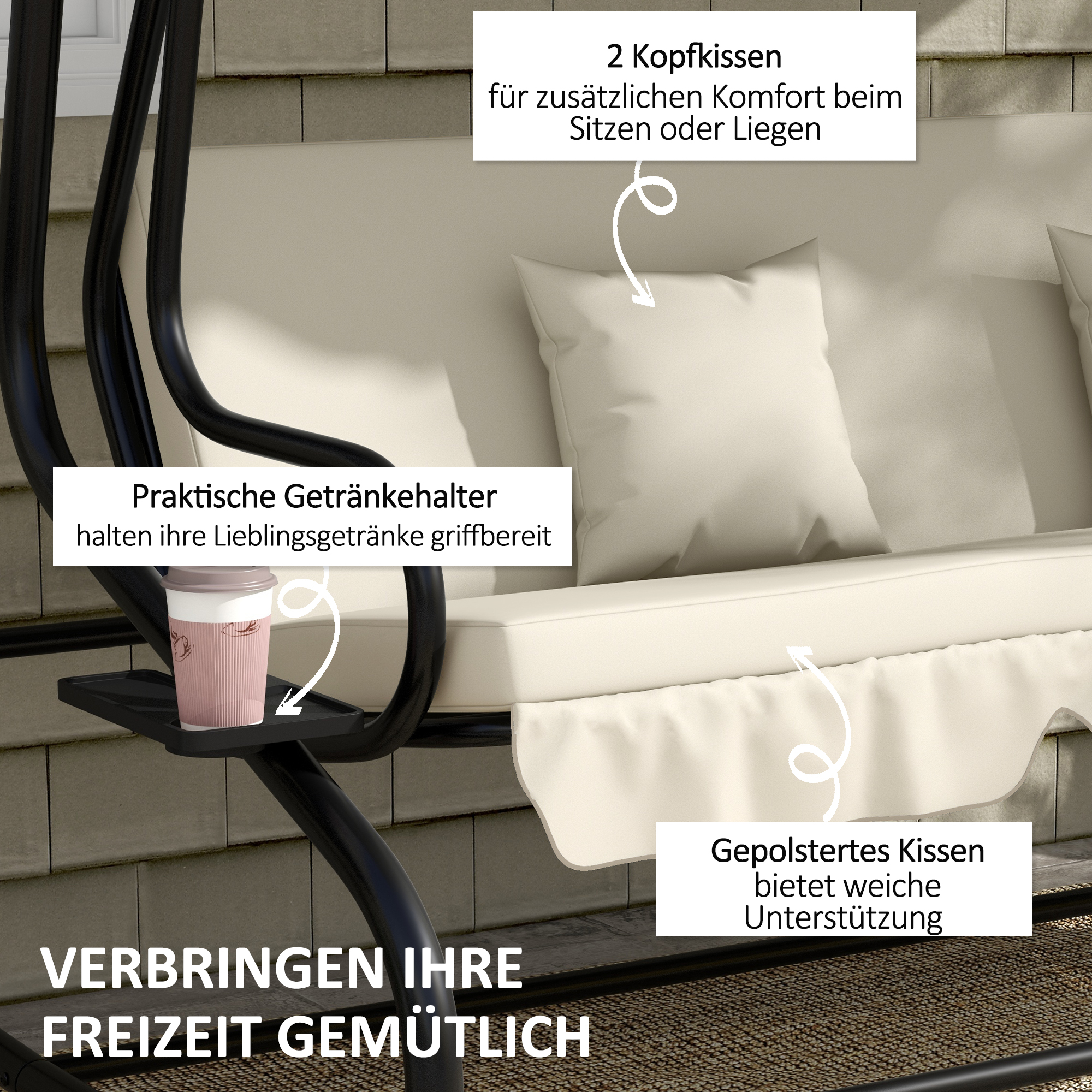 2-in-1 Hollywoodschaukel mit Liegefunktion, verstellbares Dach, bis 340 kg, Stahl, 200x120x164 cm, Cremeweiß