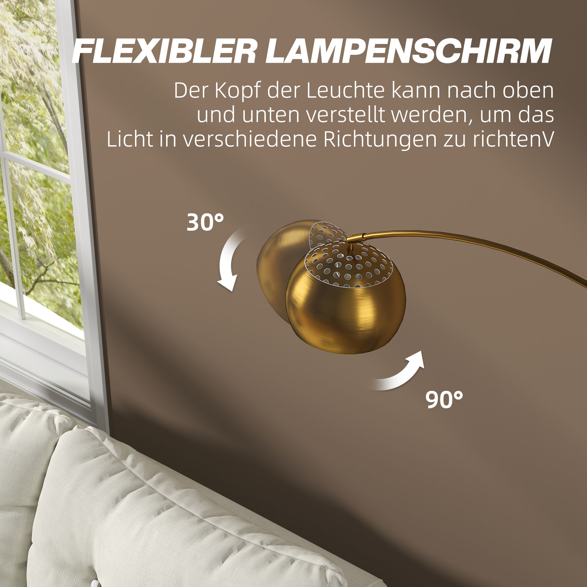Stehlampe, Bogen-Design mit Marmorsockel, 180 cm, Schwarz+Gold