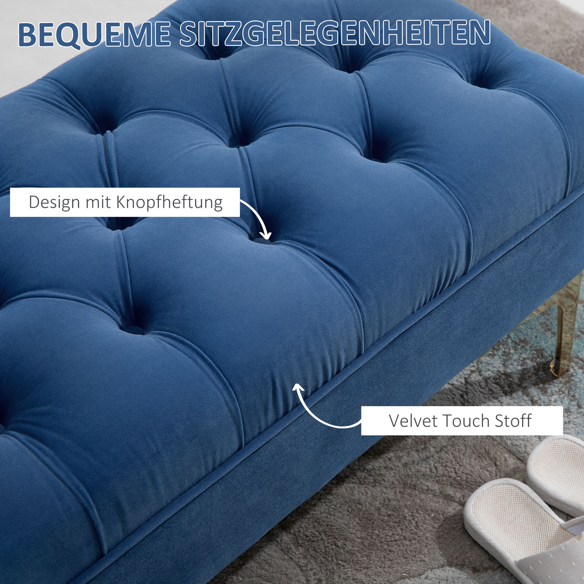 Sitzbank Bettbank Schuhbank mit erhöhten Beine Schlafzimmer Samt Blau
