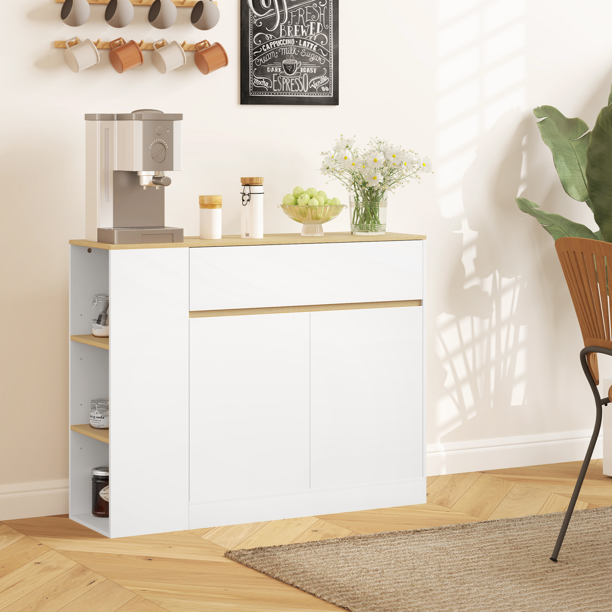Sideboard, großes Schrankfach, 3 Ablagefächer, Schublade, 106 x 30 x 81,2cm, Weiß/Holz