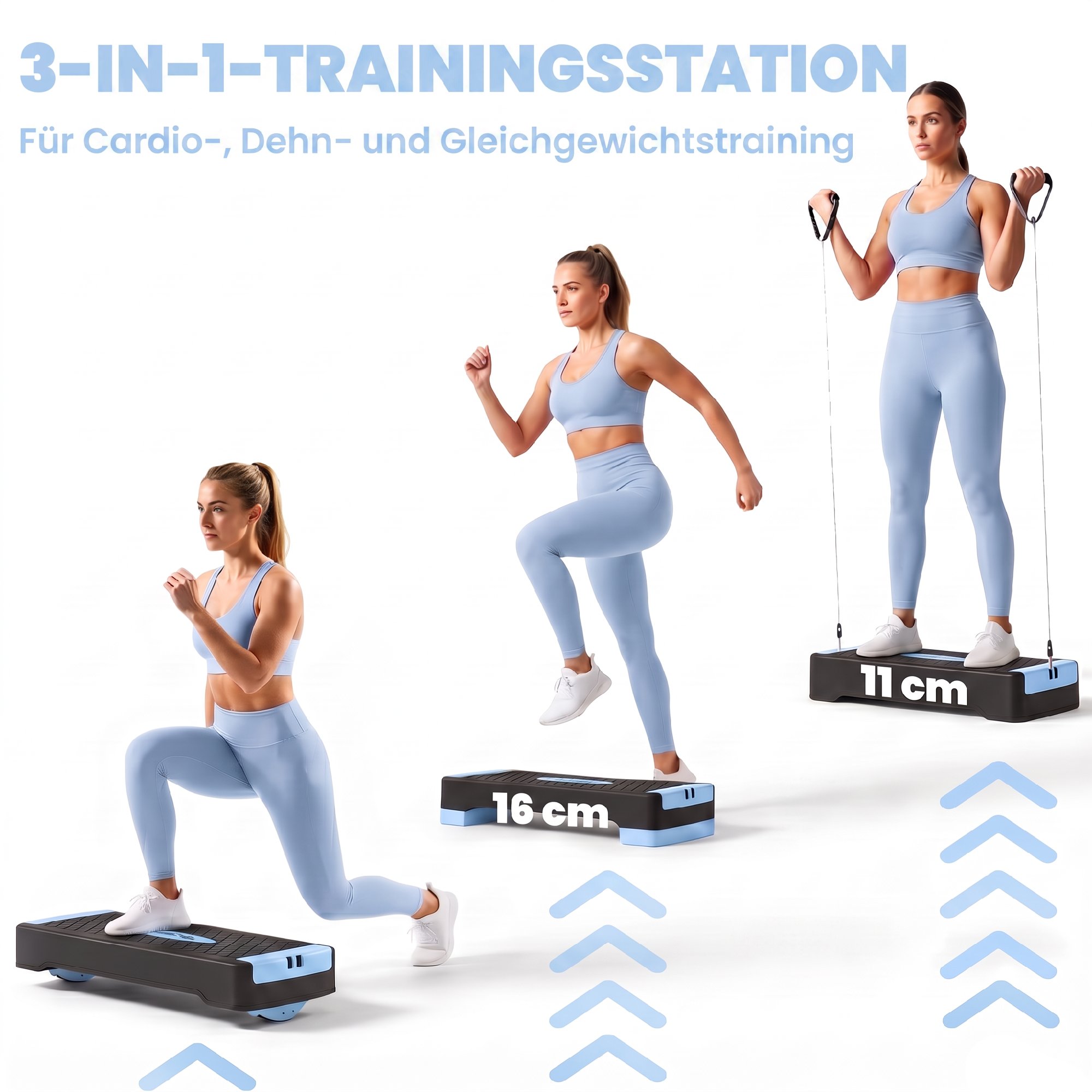 Steppbrett höhenverstellbar Fitness Aerobic Stepper mit 2 Stufen (11/16 cm) 2 Widerstandsbändern, Anti-Rutsch-Matte Blau