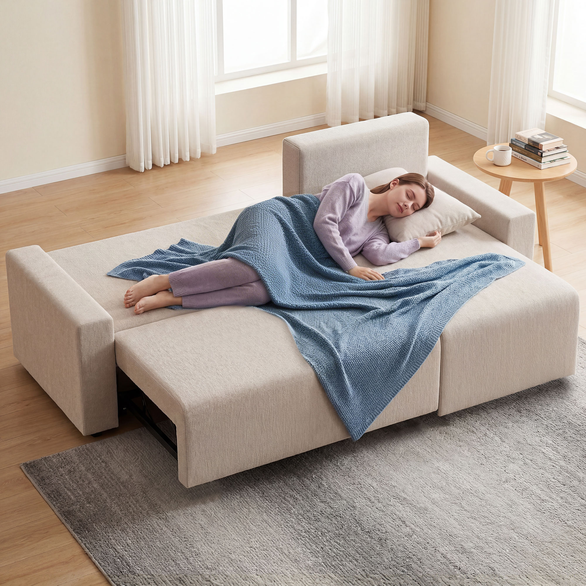 Ecksofa mit Schlaffunktion und umkehrbarer Chaiselongue, L-förmiges 3-Sitzer Sofa aus Veloursbezug, Beige