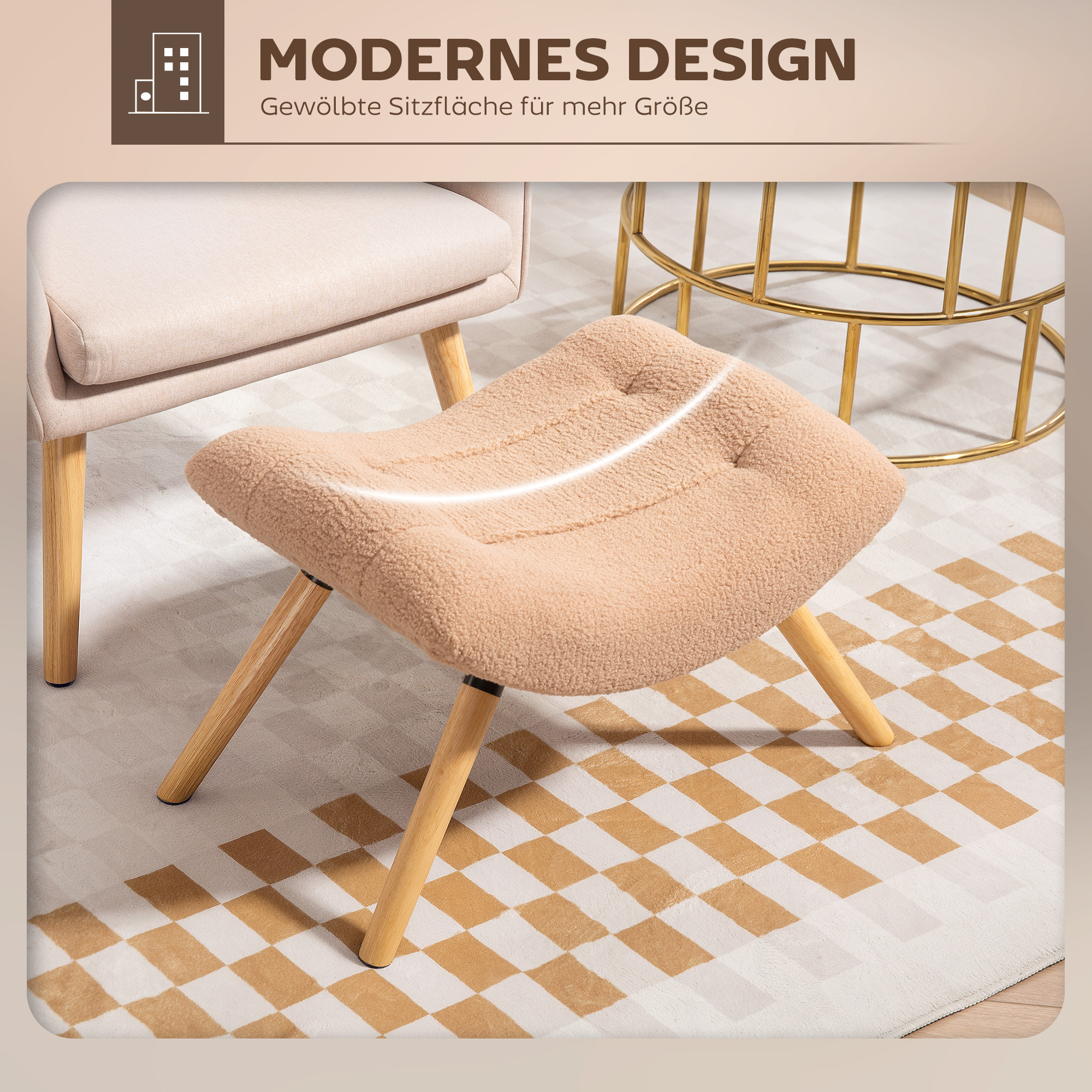 Moderner Fußhocker mit Fleece-Bezug und Holzbeinen, gepolstert, für Wohnzimmer, Schlafzimmer, Flur, Braun