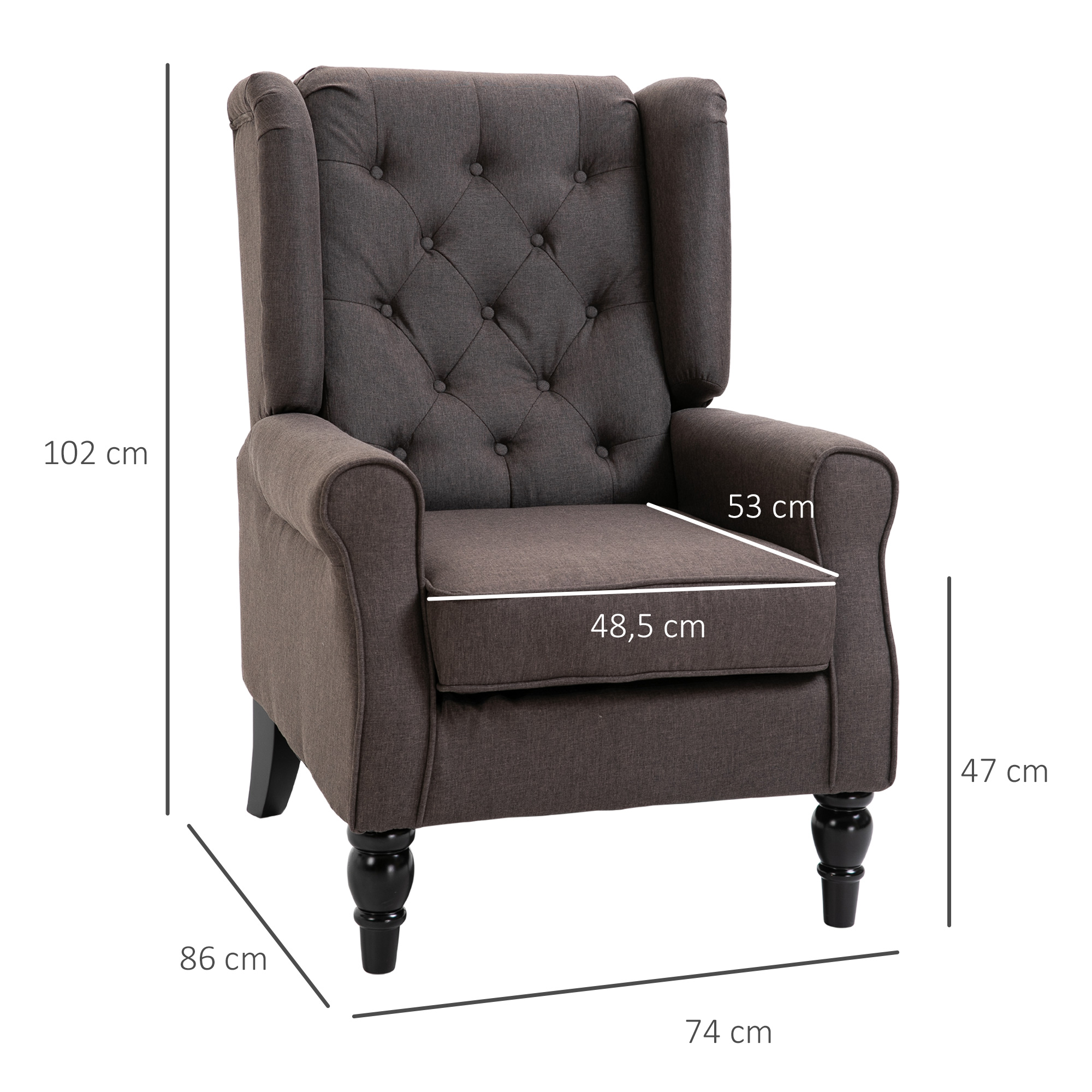 Ohrensessel Sessel mit Tufting, hoher Rückenlehne, Gepolstert Loungesessel mit abgerundeten Armlehnen, Holzbeine, für Schlafzimmer, Wohnzimmer, bis 160 kg, Braun