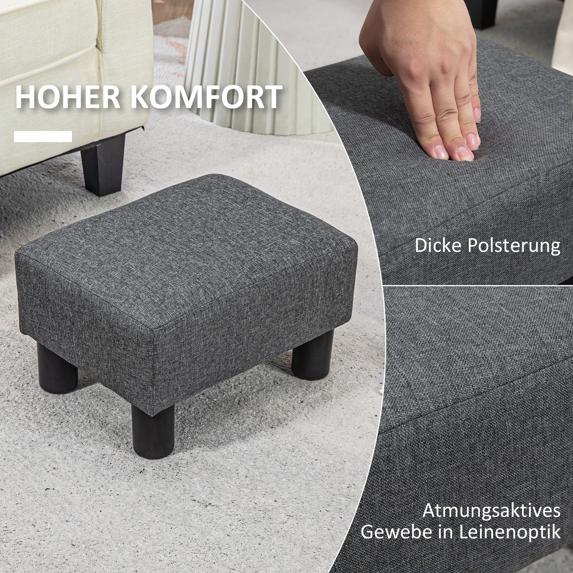 Fußhocker, Sitzhocker mit leinenartigem Stoffbezug, Schaumstoff-Füllung, Kunststoffbeine, für verschiedene Räume, Grau