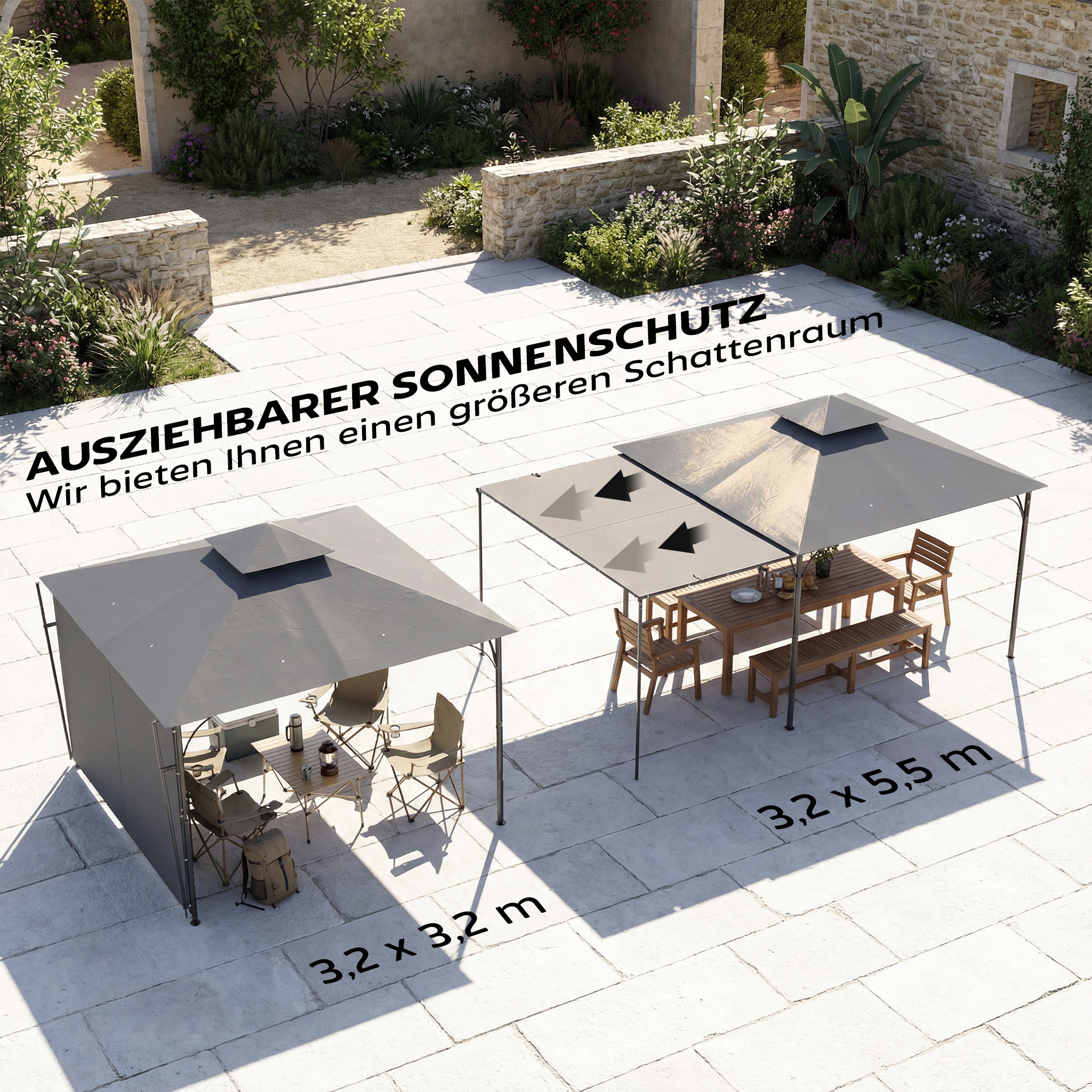 Pavillon 3,2x3,2 m Stabil Winterfest Gartenpavillon mit ausziehbaren Dachüberstand, Doppeldach Dunkelgrau